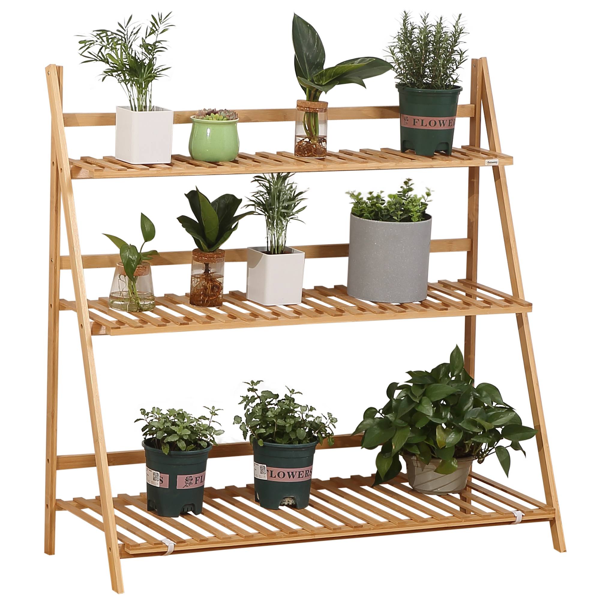 Support en bambou naturel 100x39x97 cm en échelle pour fleurs, pliable, accessoire design sobre pour extérieur pratique et gain de place - Image 1