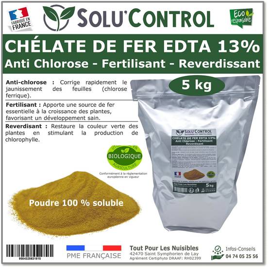 Tout pour les nuisibles - SOLU'CONTROL - Chélate de Fer EDTA 13%, Anti-chlorose, Fertilisant, Reverdissant, 5 kg - Image 1
