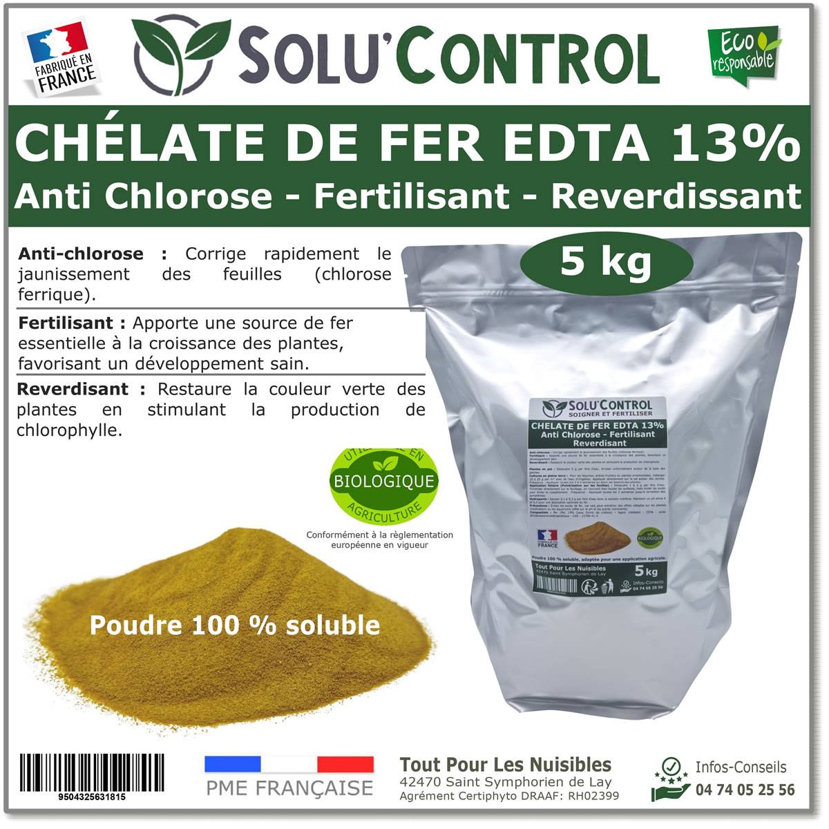 Tout pour les nuisibles - SOLU'CONTROL - Chélate de Fer EDTA 13%, Anti-chlorose, Fertilisant, Reverdissant, 5 kg - Image 1