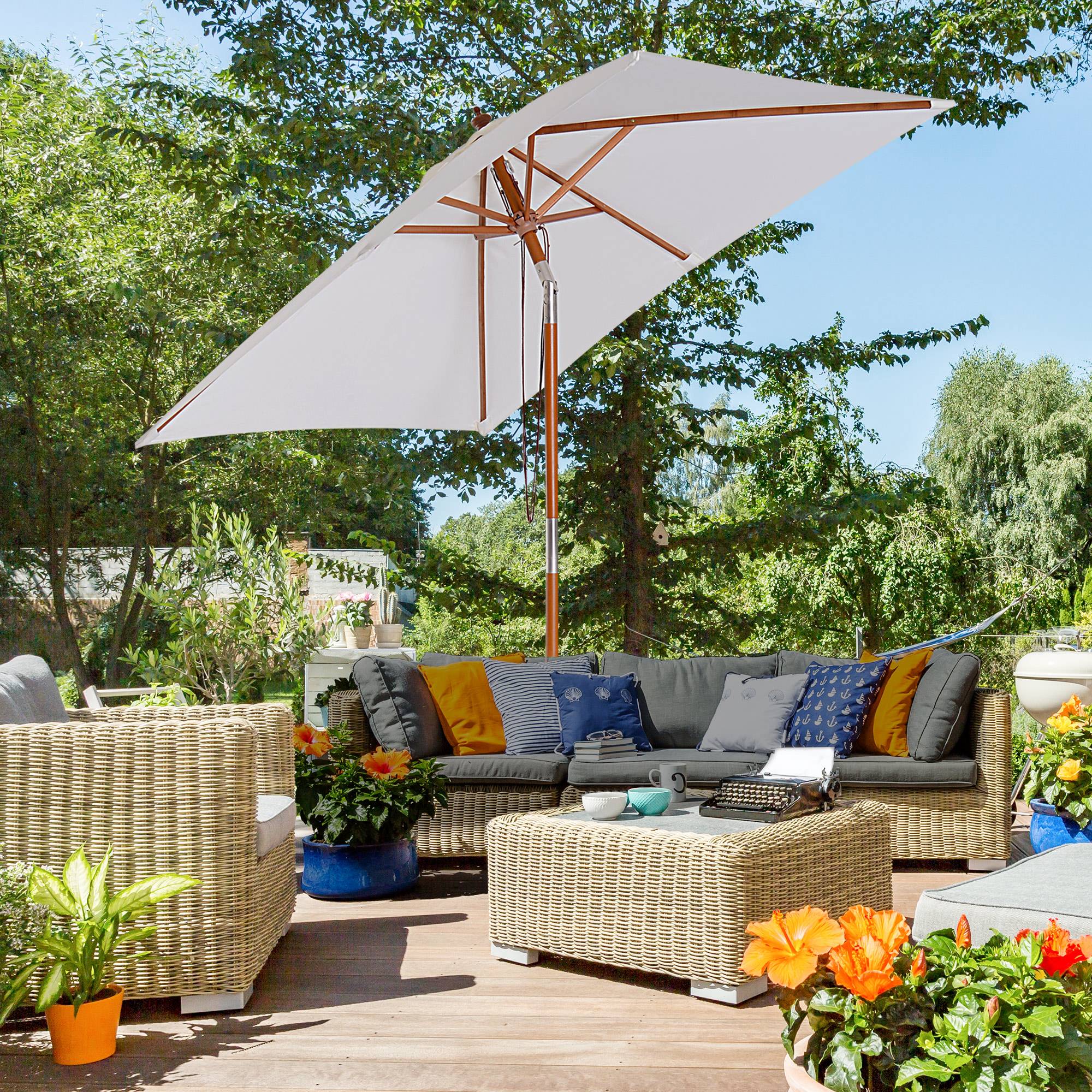 Parasol de jardin extérieur Parasol rectangulaire inclinable - 200x150x235cm Bois Crème fr154 - Image 4