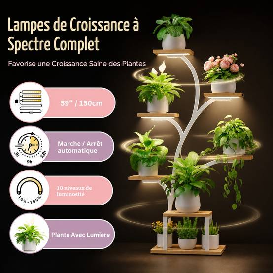 Support Plante D'angle Intérieur 7 Niveaux Lumières Croissance Réglables Minuterie Design Arbre - Image 3