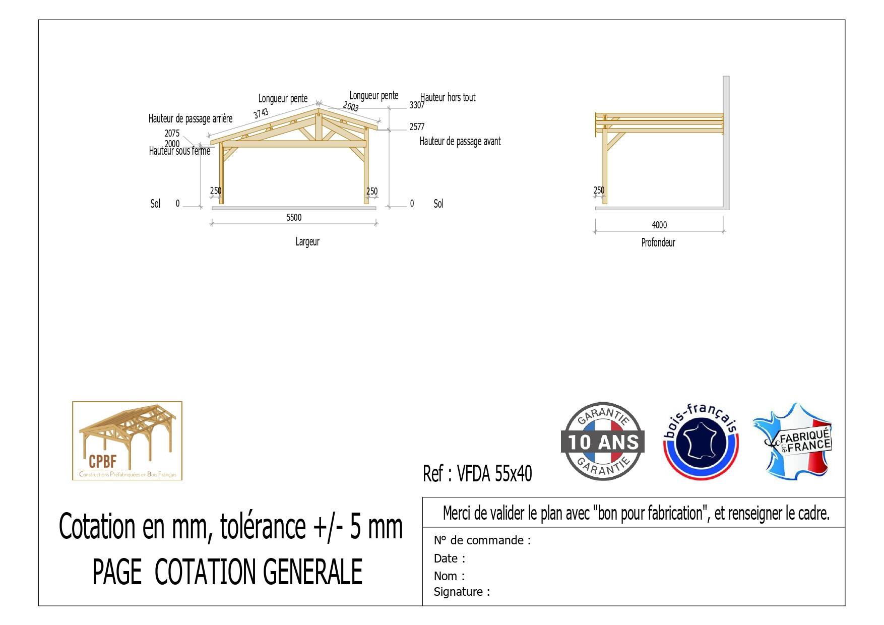 Carport Bois Douglas Français 22 m² – 2 pentes faitage décalé adossé – 2 poteaux – Abri voiture extérieur – Garantie 10 ans - Image 3