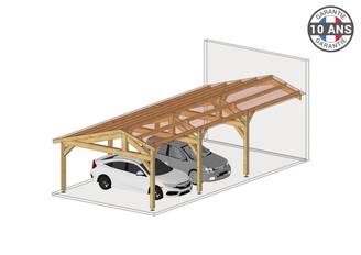 Carport Bois Douglas Français 22 m² – 2 pentes faitage décalé adossé – 2 poteaux – Abri voiture extérieur – Garantie 10 ans