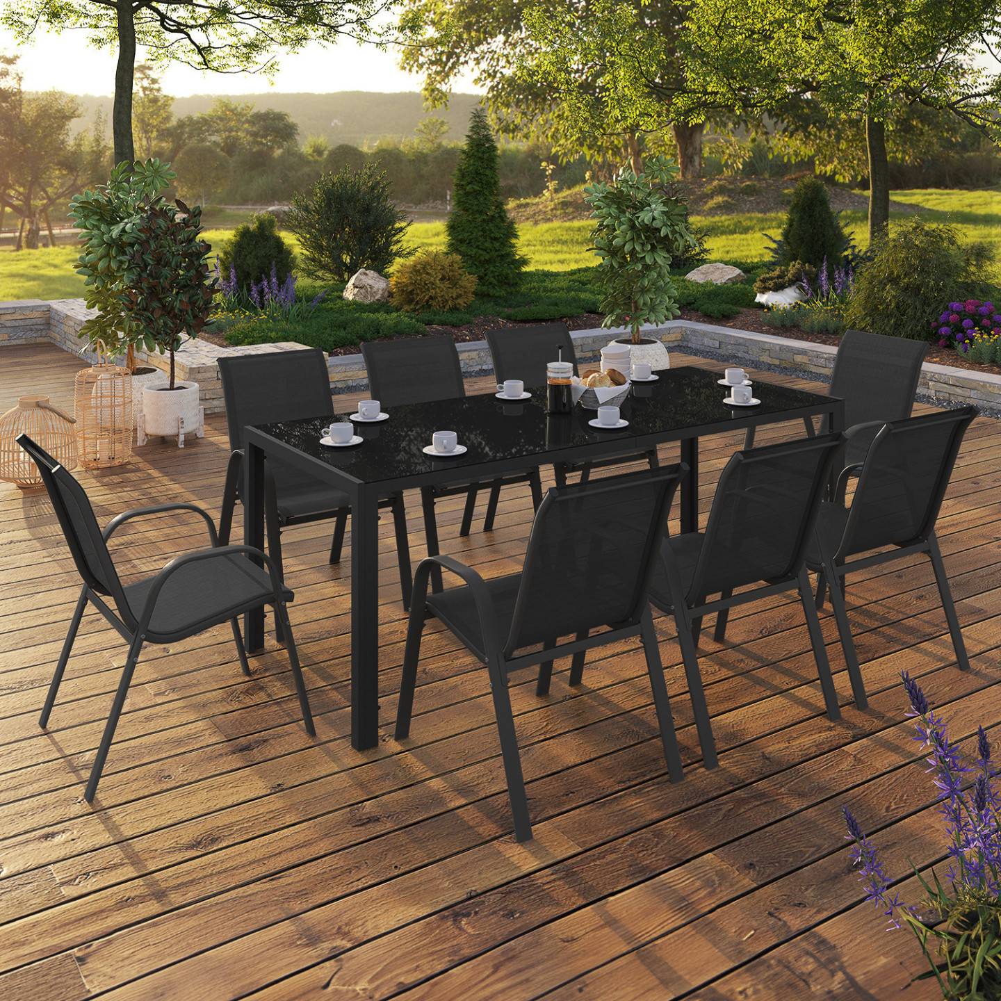Salon de jardin MADRID table 190 CM et 8 chaises empilables noires - Image 1