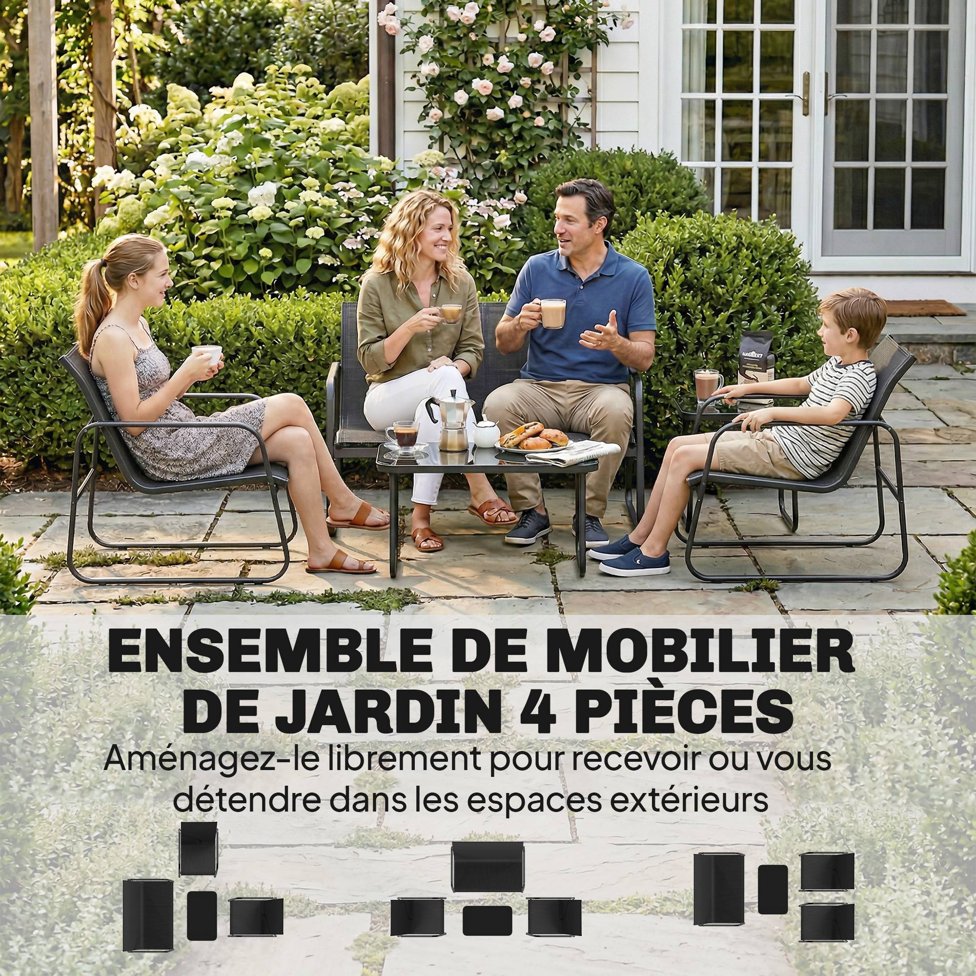 Salon de jardin 4 pièces avec canapé, fauteuils et table basse, gris foncé et noir - Image 6