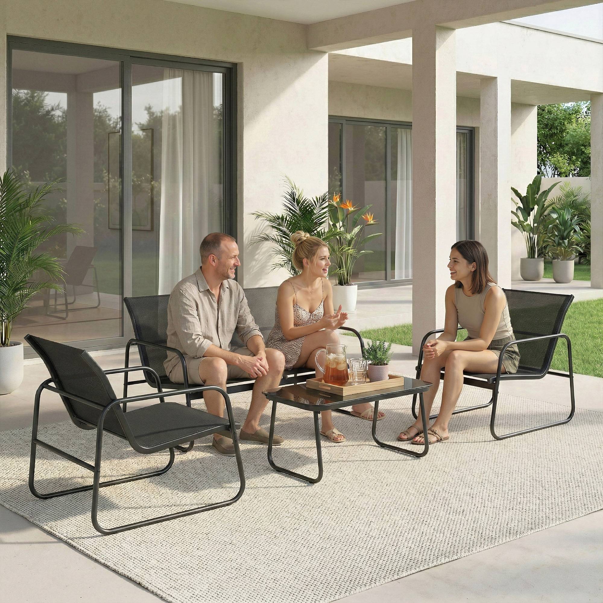 Salon de jardin 4 pièces avec canapé, fauteuils et table basse, gris foncé et noir - Image 4