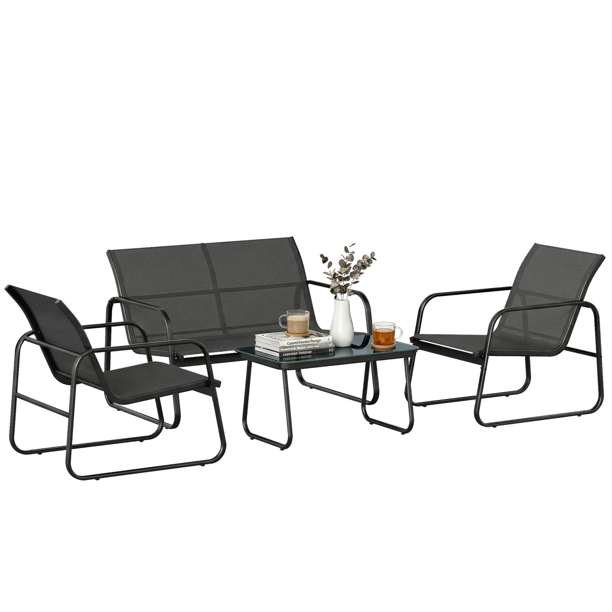 Salon de jardin 4 pièces avec canapé, fauteuils et table basse, gris foncé et noir - Image 1