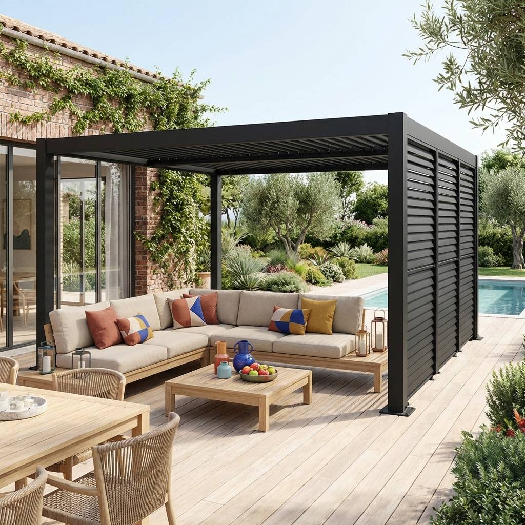 Pergola bioclimatique aluminium et acier 4x3m + 3 persiennes 100cm à lames orientables anthracite Palace | sweeek - Image 1