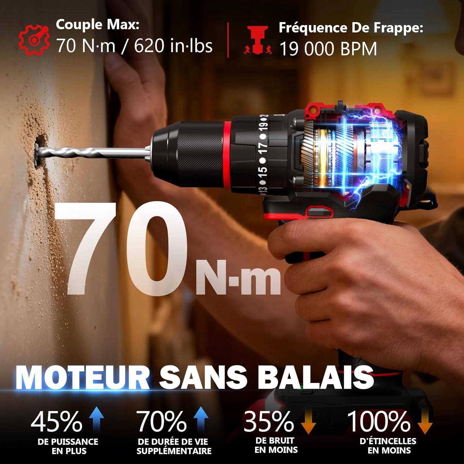 Perceuse sans fil 21 V – 70 Nm max, visseuse sans fil sans balais avec 2 batteries Sundpey - Image 2