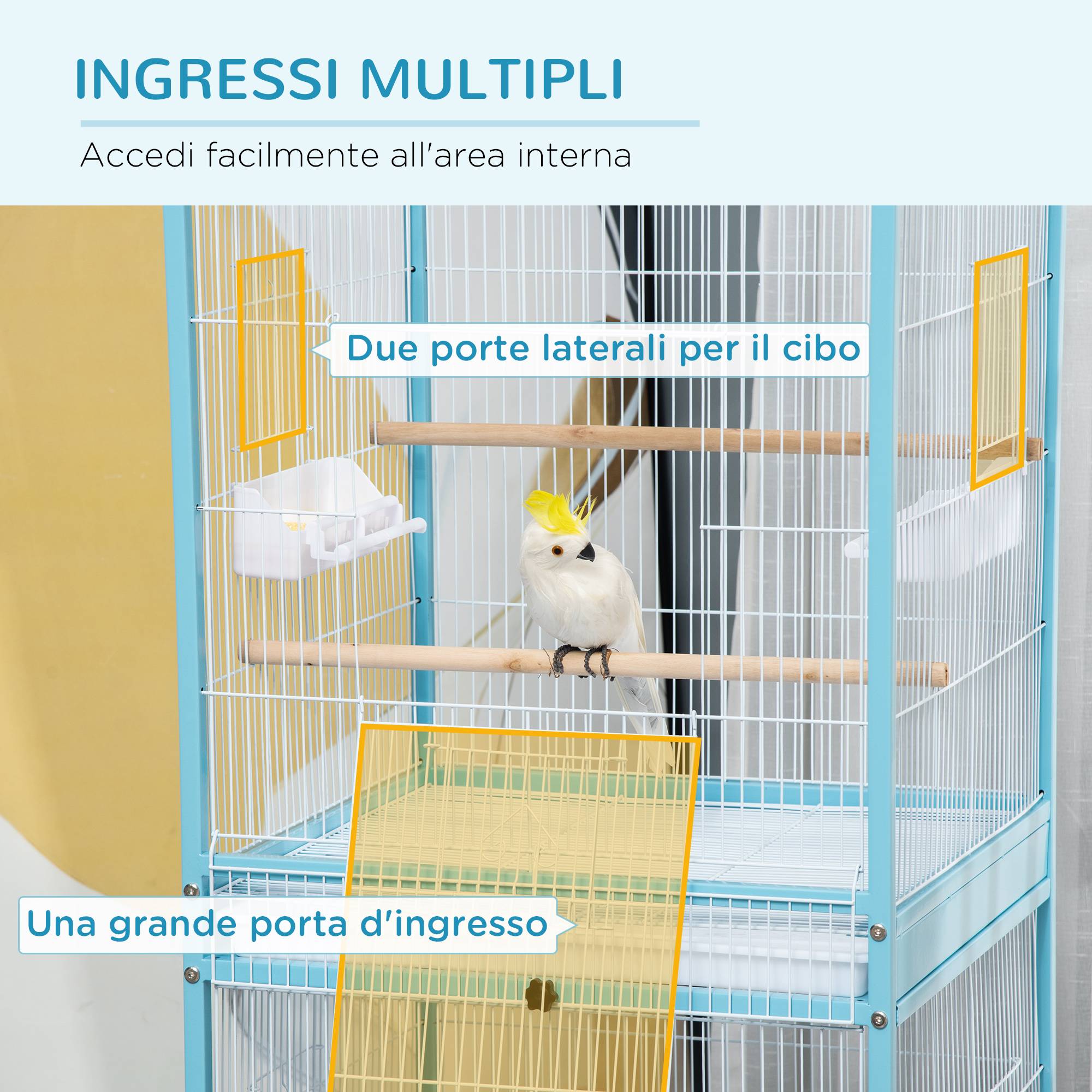 Cage pour oiseaux 2 en 1, volière d'intérieur avec 4 roues et bacs amovibles, 51,5x50x140 cm - Image 7