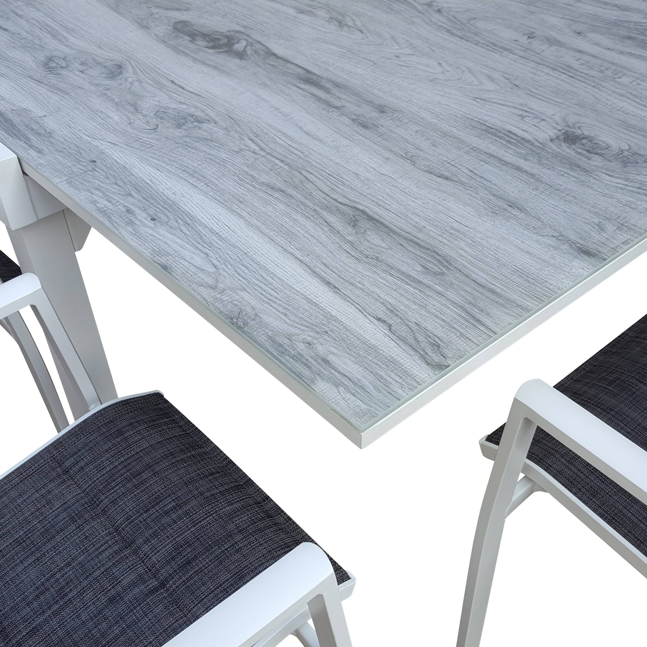 Wilsa Garden - Table Modulo 8/12 personnes structure aluminium blanche, plateau en verre décors bois - Image 5