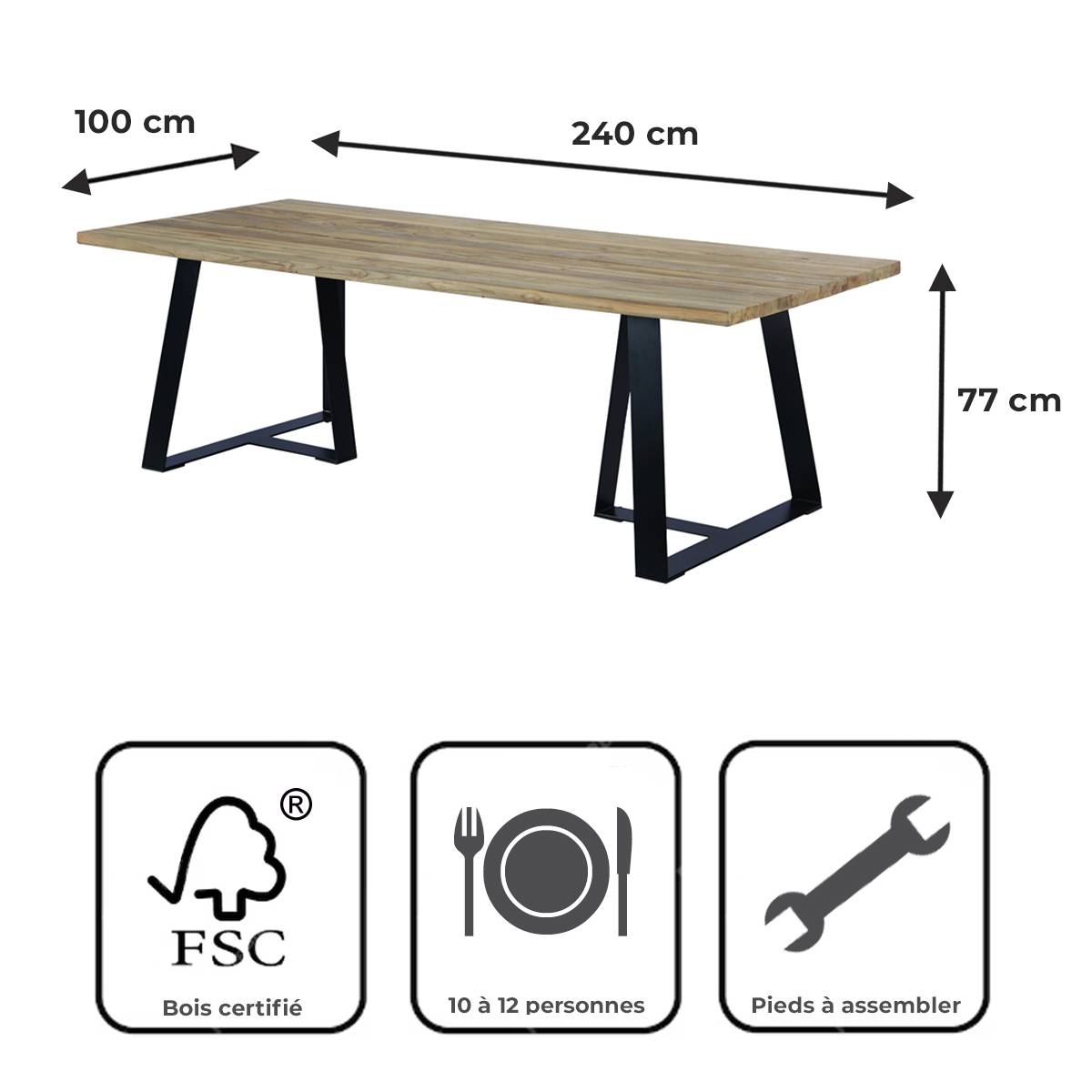 Table métal anthracite et teck recyclé 240 x 100 cm Orsay - Gecko Jardin - Image 9