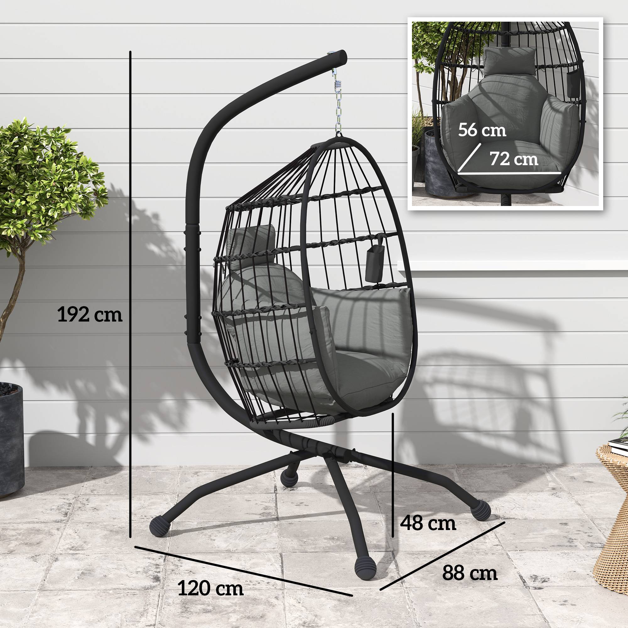 Fauteuil oeuf suspendu acier jardin panier pliable porte-gobelet 120x192cm gris - ComfortXL Outdoor Living - Image 5
