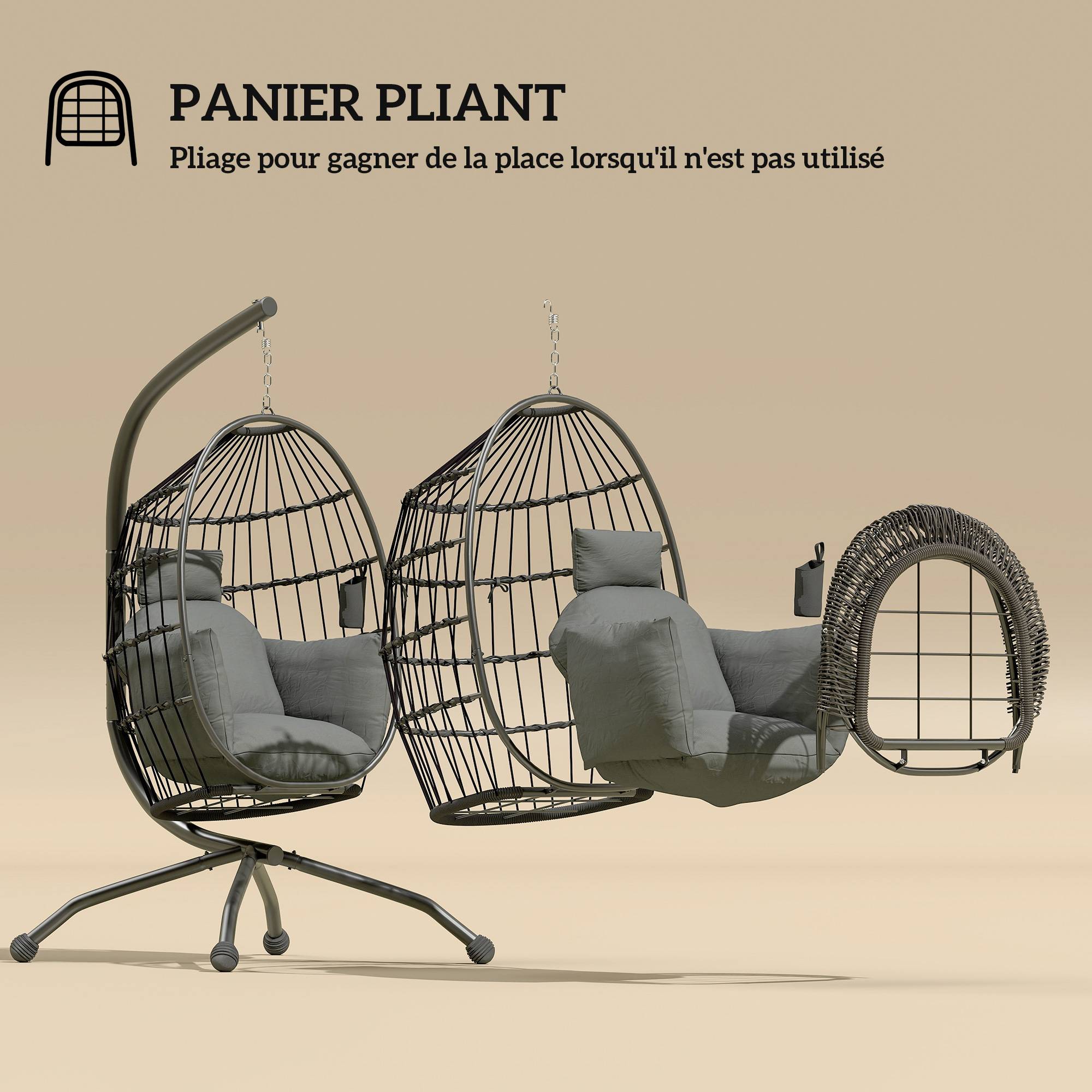 Fauteuil oeuf suspendu acier jardin panier pliable porte-gobelet 120x192cm gris - ComfortXL Outdoor Living - Image 7