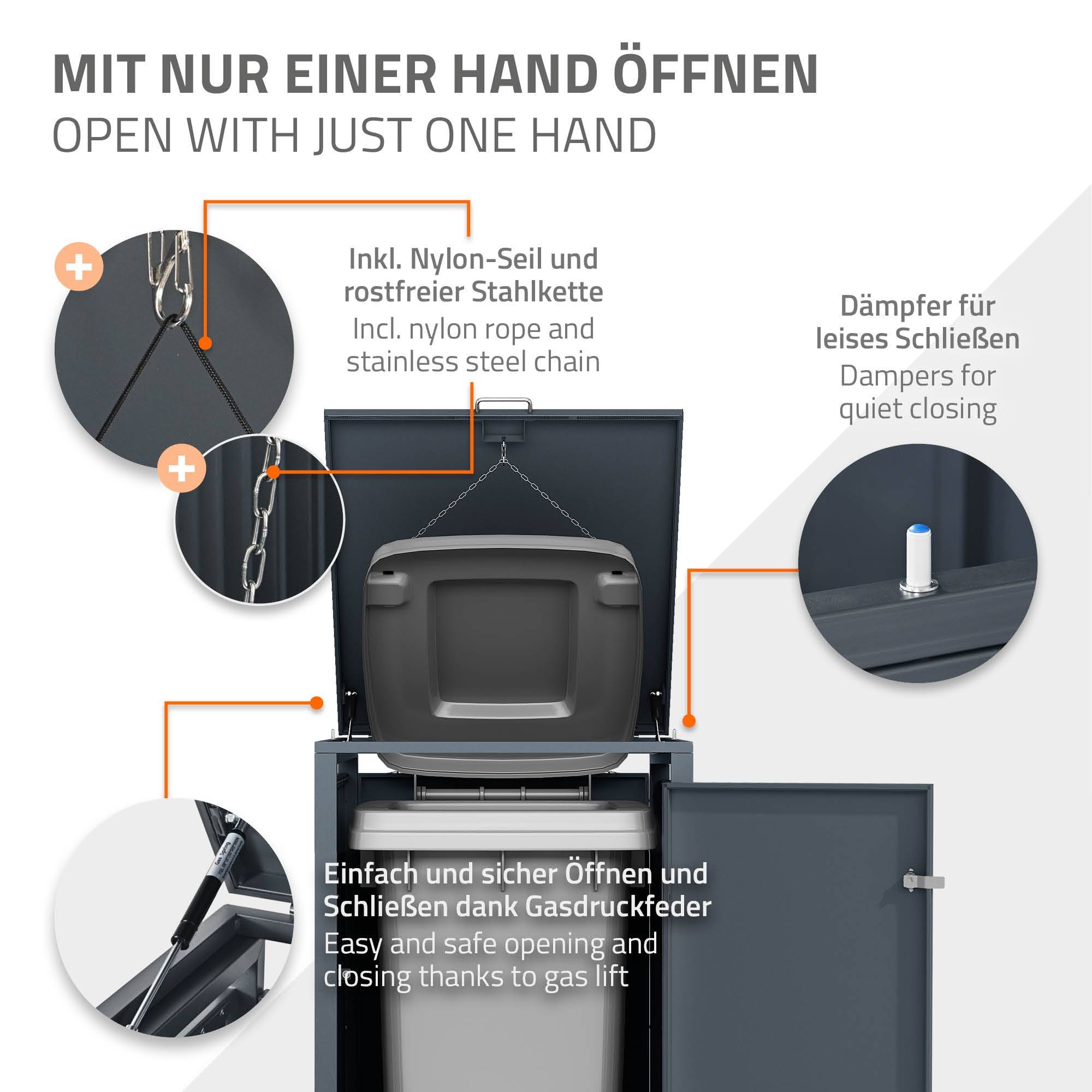 Abri pour 3 poubelles 200x80x116,3 cm capacité de 60 à 240 litres anthracite en acier avec couvercle rabattable et 3 portes résistant aux intempéries - Image 4