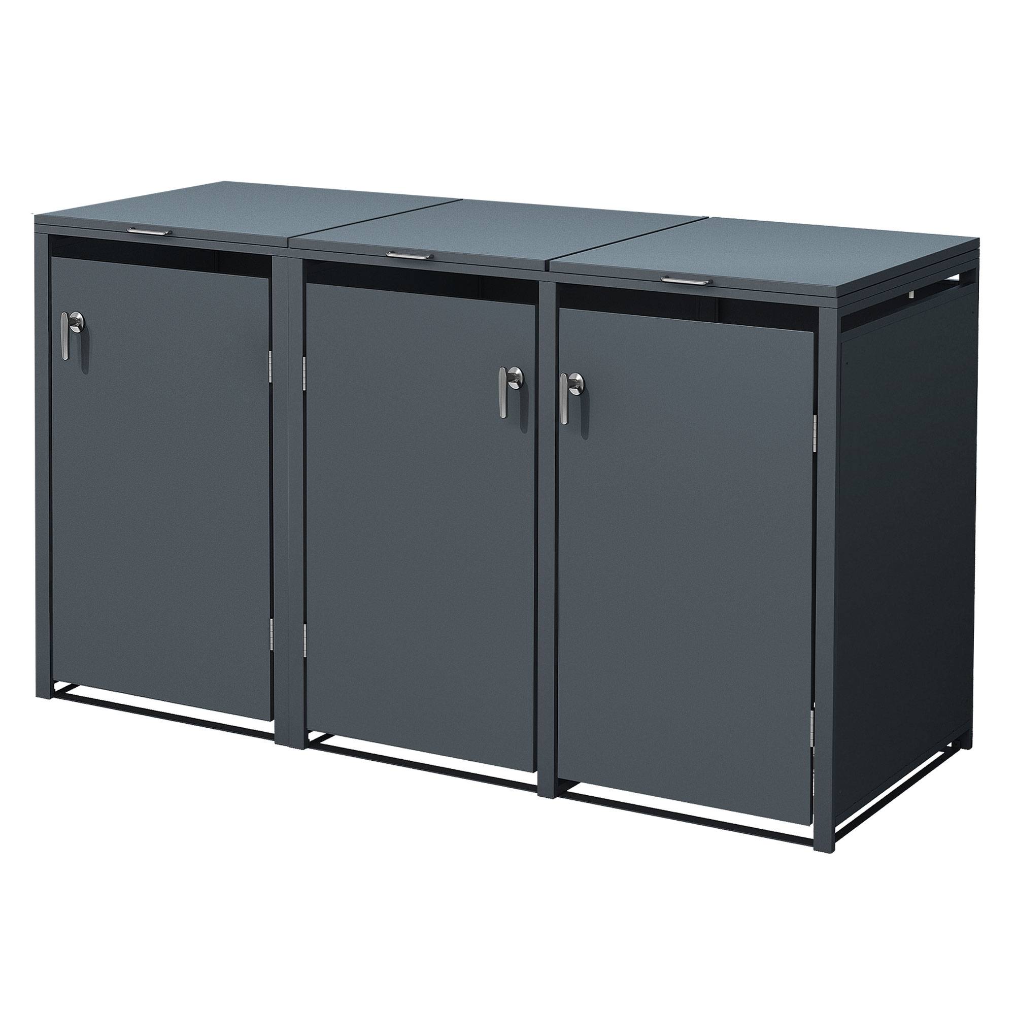 Abri pour 3 poubelles 200x80x116,3 cm capacité de 60 à 240 litres anthracite en acier avec couvercle rabattable et 3 portes résistant aux intempéries - Image 1