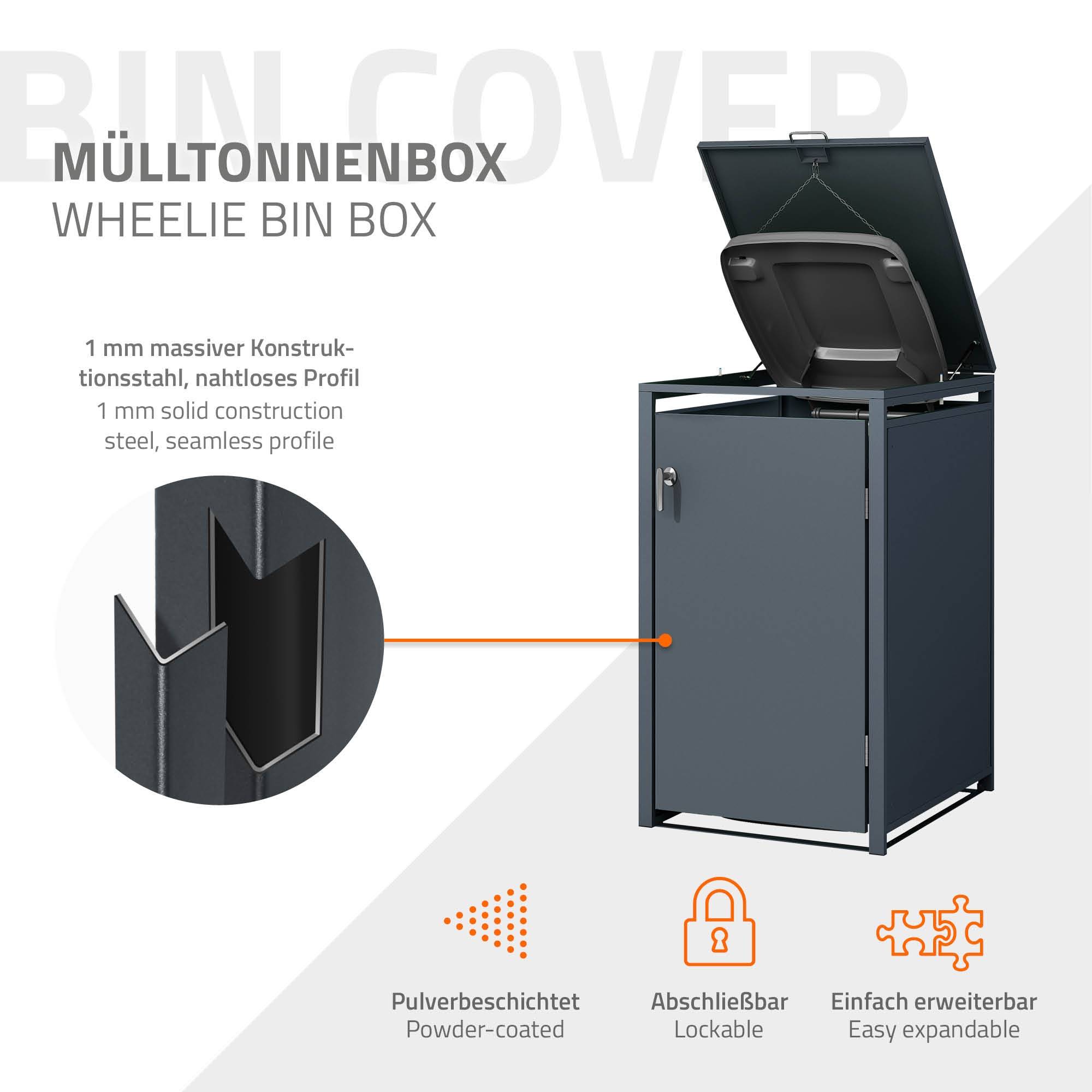 Abri pour 3 poubelles 200x80x116,3 cm capacité de 60 à 240 litres anthracite en acier avec couvercle rabattable et 3 portes résistant aux intempéries - Image 2