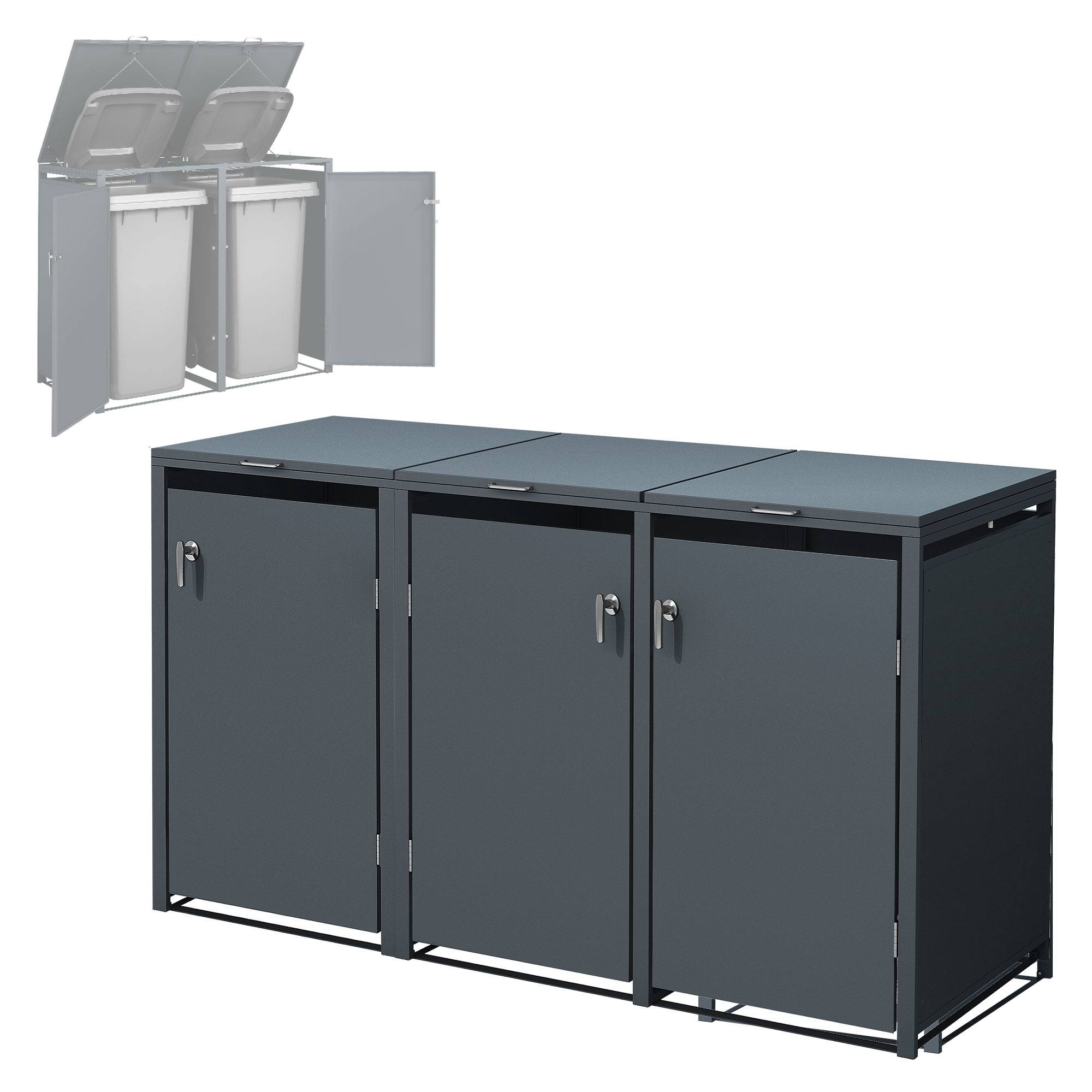 Abri pour 3 poubelles 200x80x116,3 cm capacité de 60 à 240 litres anthracite en acier avec couvercle rabattable et 3 portes résistant aux intempéries - Image 9