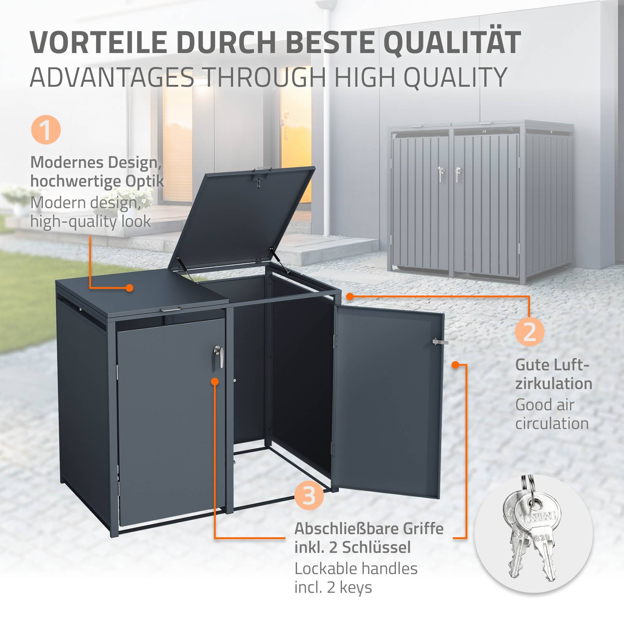 Abri pour 3 poubelles 200x80x116,3 cm capacité de 60 à 240 litres anthracite en acier avec couvercle rabattable et 3 portes résistant aux intempéries - Image 3