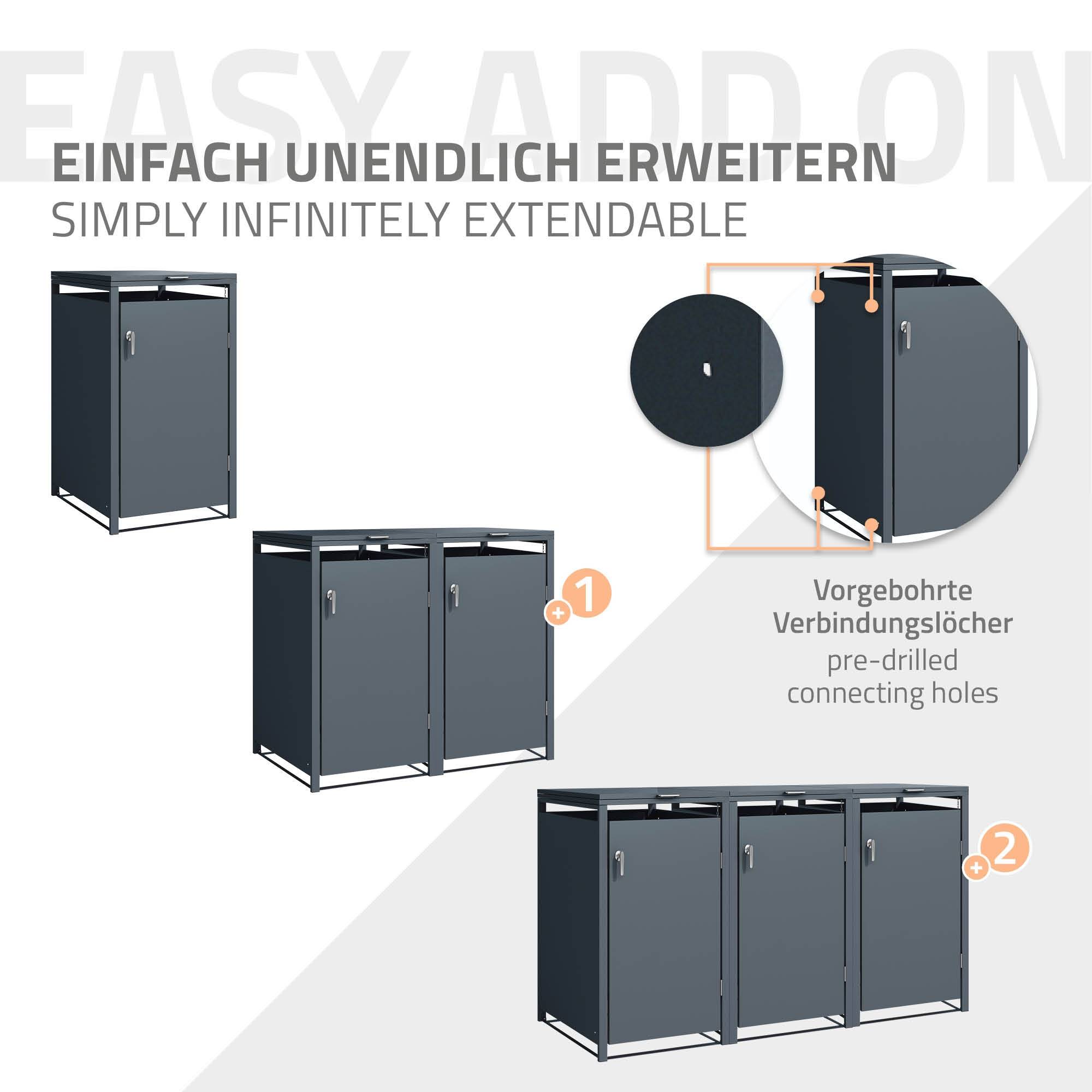 Abri pour 3 poubelles 200x80x116,3 cm capacité de 60 à 240 litres anthracite en acier avec couvercle rabattable et 3 portes résistant aux intempéries - Image 6