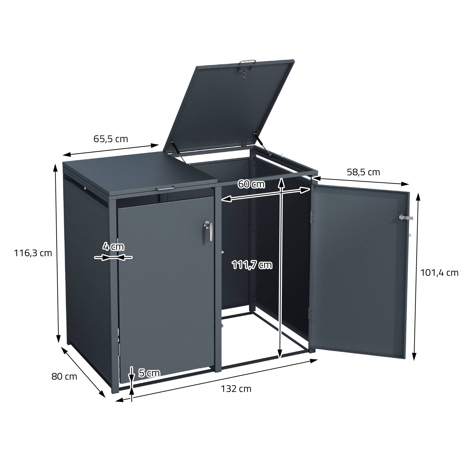Abri pour 3 poubelles 200x80x116,3 cm capacité de 60 à 240 litres anthracite en acier avec couvercle rabattable et 3 portes résistant aux intempéries - Image 8