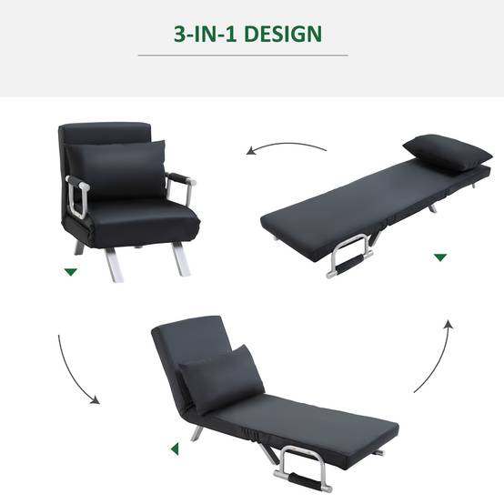 Canapé-lit 3 en 1, lit d'appoint, fauteuil avec coussins, noir - Image 7
