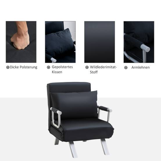Canapé-lit 3 en 1, lit d'appoint, fauteuil avec coussins, noir - Image 8