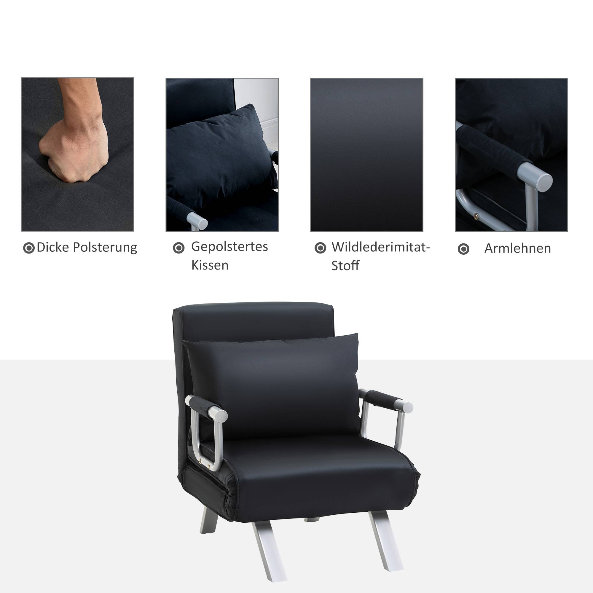 Canapé-lit 3 en 1, lit d'appoint, fauteuil avec coussins, noir - Image 8