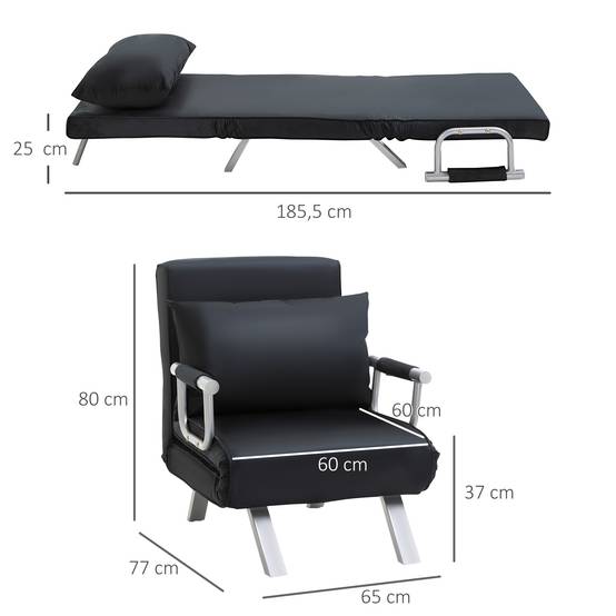 Canapé-lit 3 en 1, lit d'appoint, fauteuil avec coussins, noir - Image 5