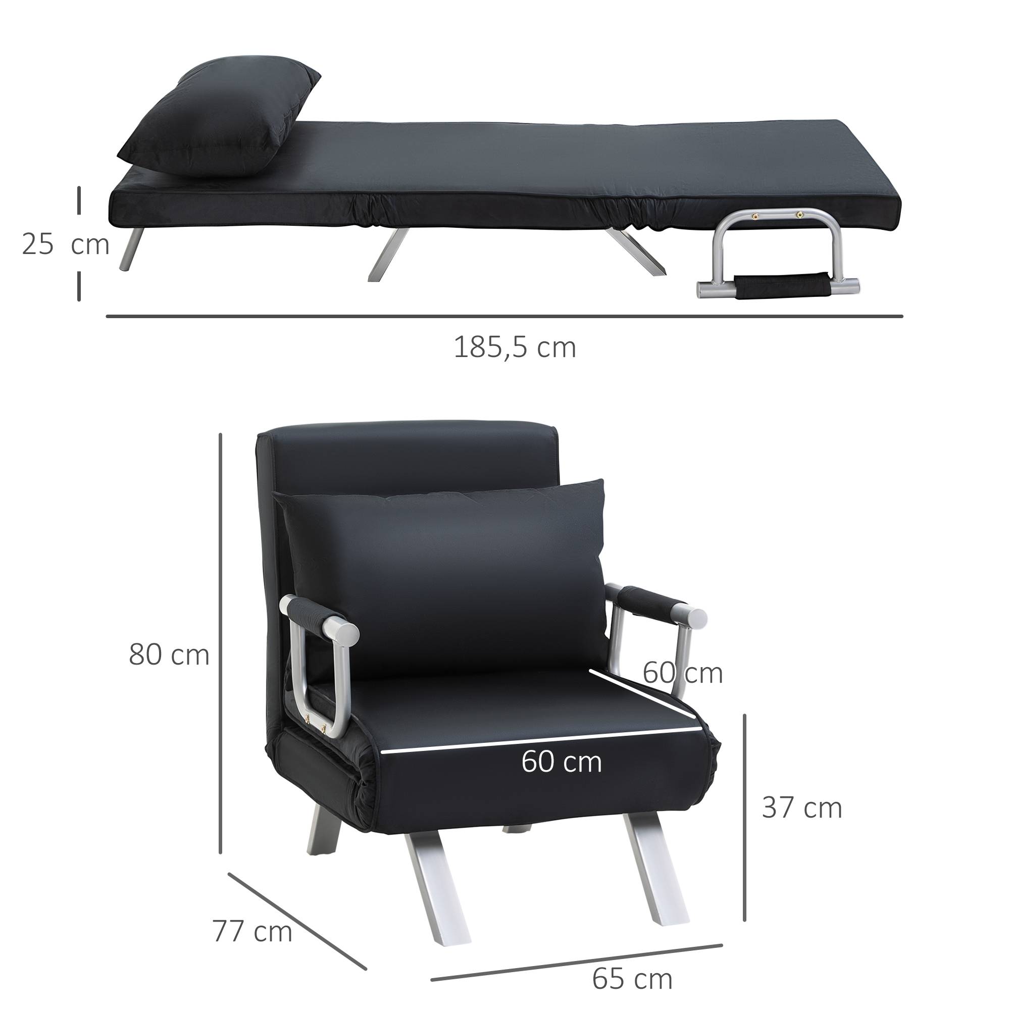 Canapé-lit 3 en 1, lit d'appoint, fauteuil avec coussins, noir - Image 5