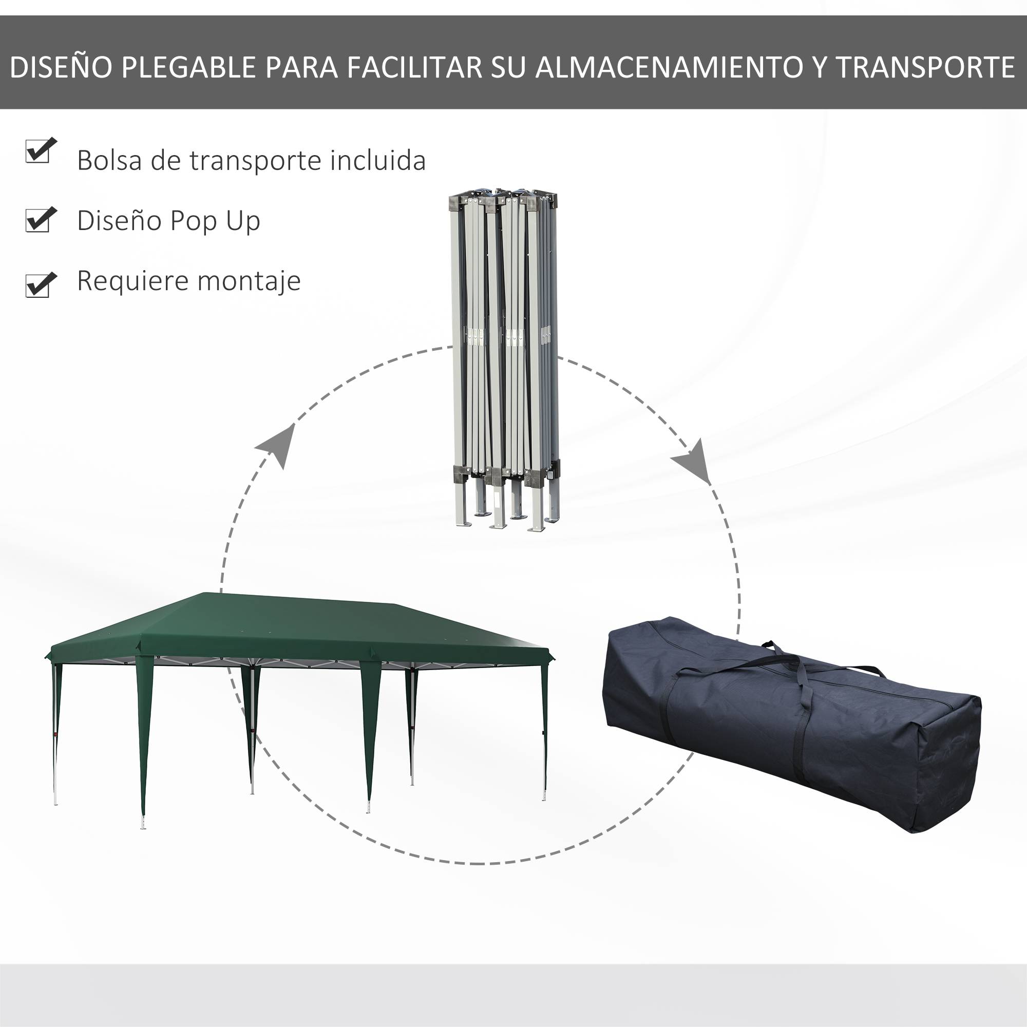 Tonnelle de jardin 6 x 3 m, réglable en hauteur sur 3 niveaux, sac de transport, structure en acier anti-UV, verte - Image 6