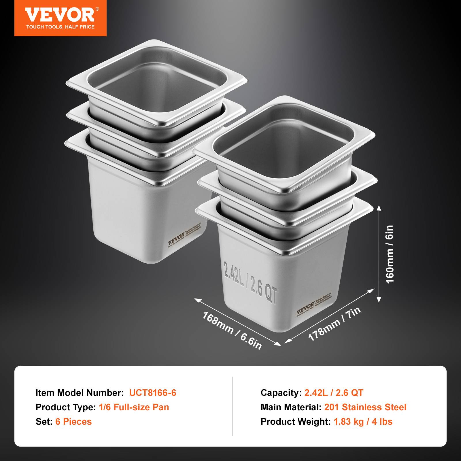 VEVOR Bac Gastronorme GN 1/6 lot de 6, inox 0.8mm, profondeur 16 cm, pour fours et réfrigérateurs. - Image 7