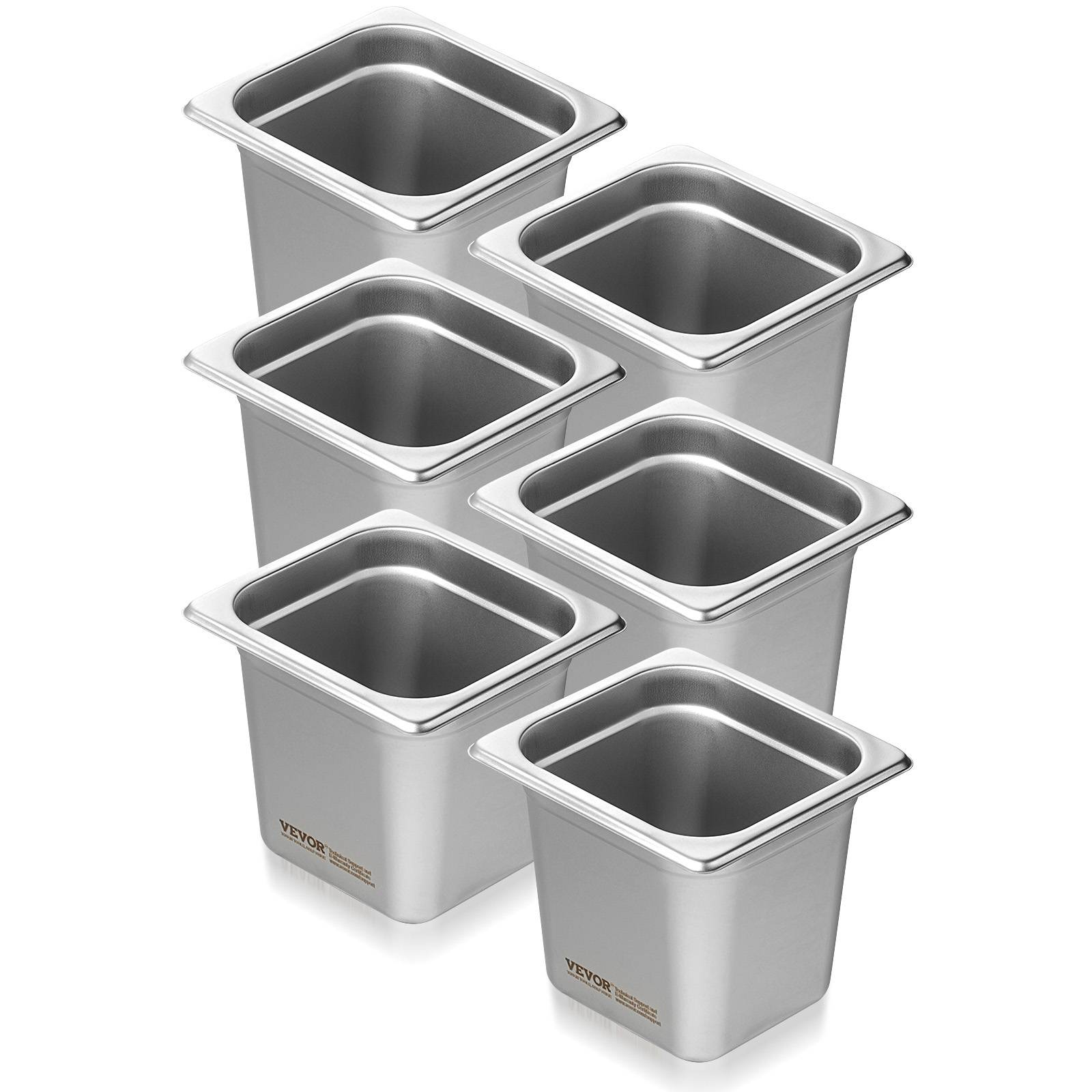 VEVOR Bac Gastronorme GN 1/6 lot de 6, inox 0.8mm, profondeur 16 cm, pour fours et réfrigérateurs. - Image 1