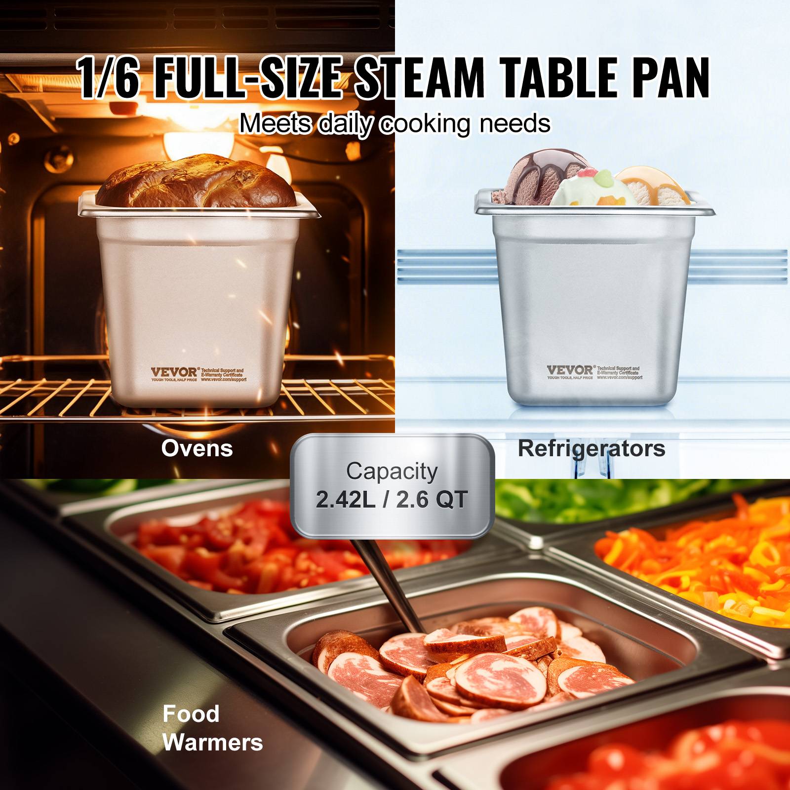 VEVOR Bac Gastronorme GN 1/6 lot de 6, inox 0.8mm, profondeur 16 cm, pour fours et réfrigérateurs. - Image 3