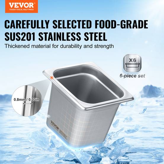 VEVOR Bac Gastronorme GN 1/6 lot de 6, inox 0.8mm, profondeur 16 cm, pour fours et réfrigérateurs. - Image 2