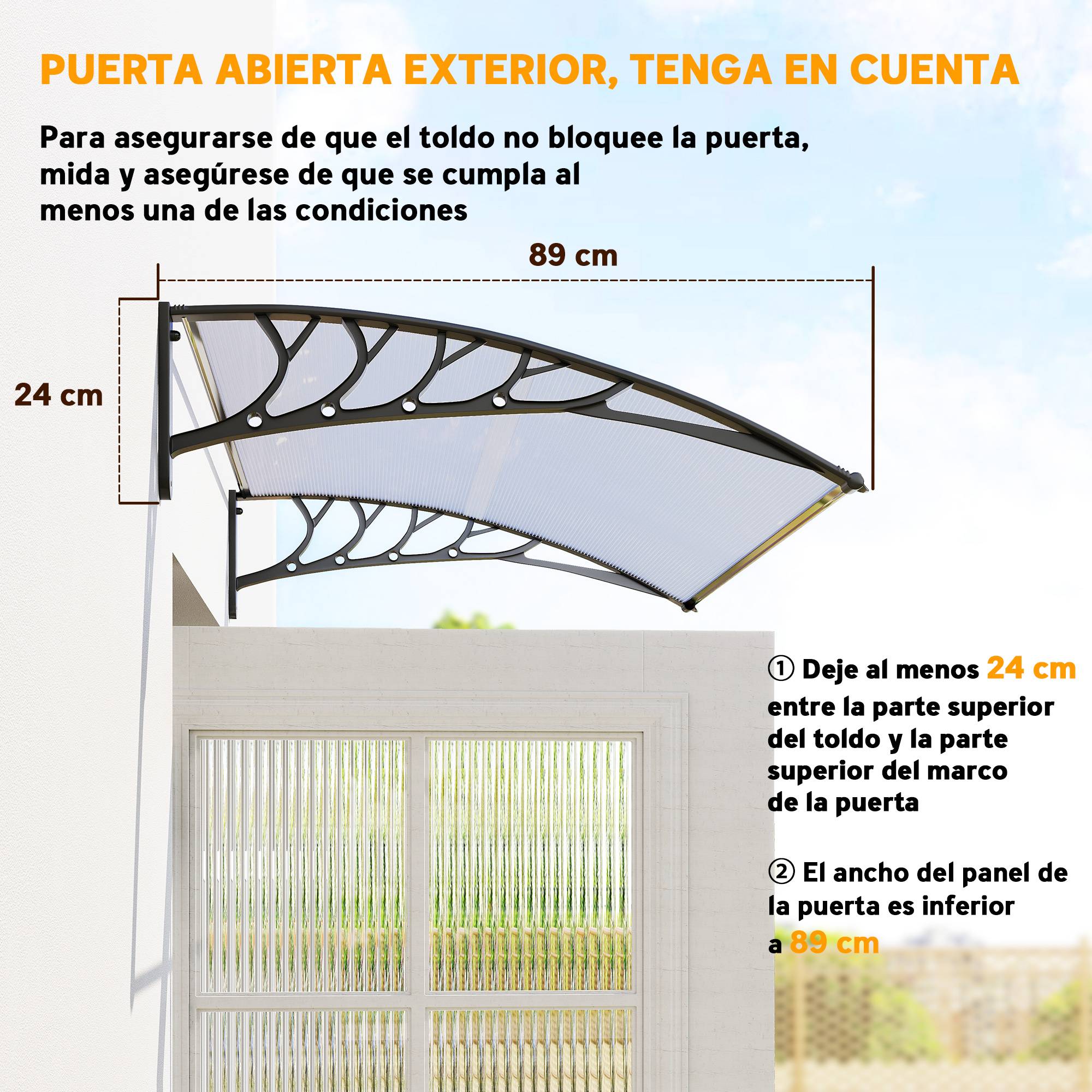 Auvent extérieur pour portes et fenêtres, 122 x 89 cm, protection solaire et pluie, toile en polycarbonate, support en alliage d'aluminium, blanc - Image 9
