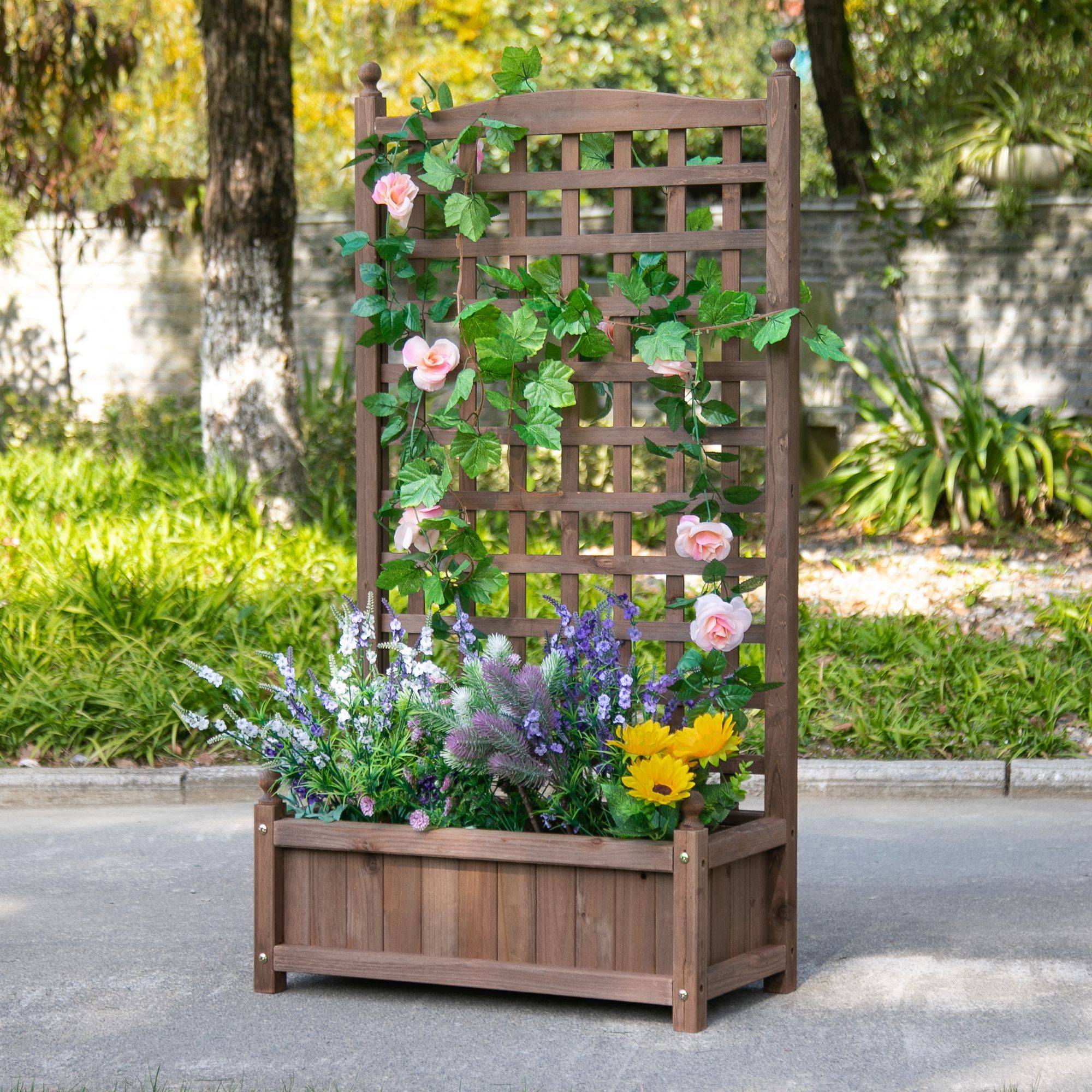 Sans Marque - Jardinière surélevée treillis bac fleurs plantes grimpantes arche rosiers bois brun foncé 64x28x120 cm - Image 3