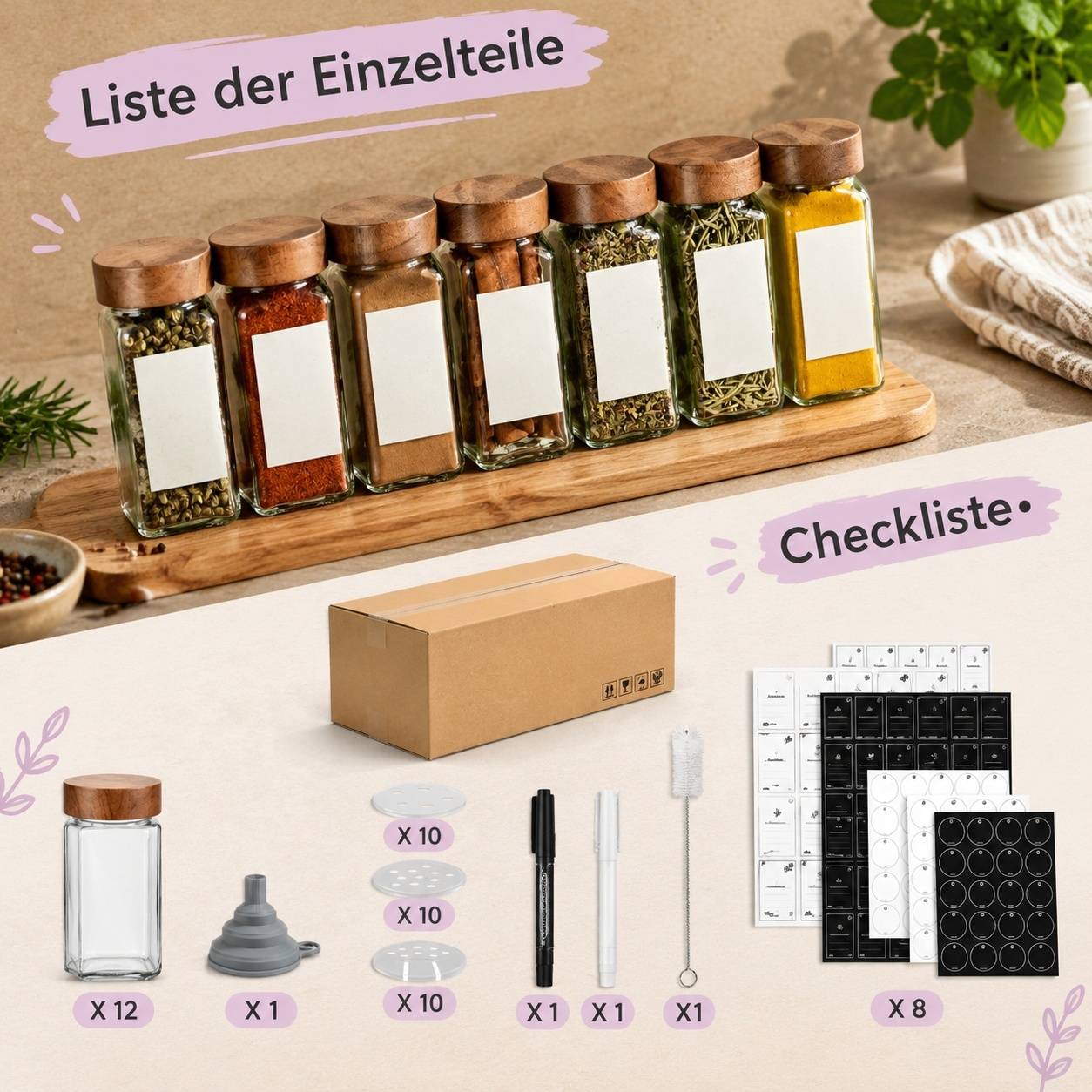 Lot de 12 Pots à Épices en Verre avec Couvercle en Bois et Accessoires - Image 2