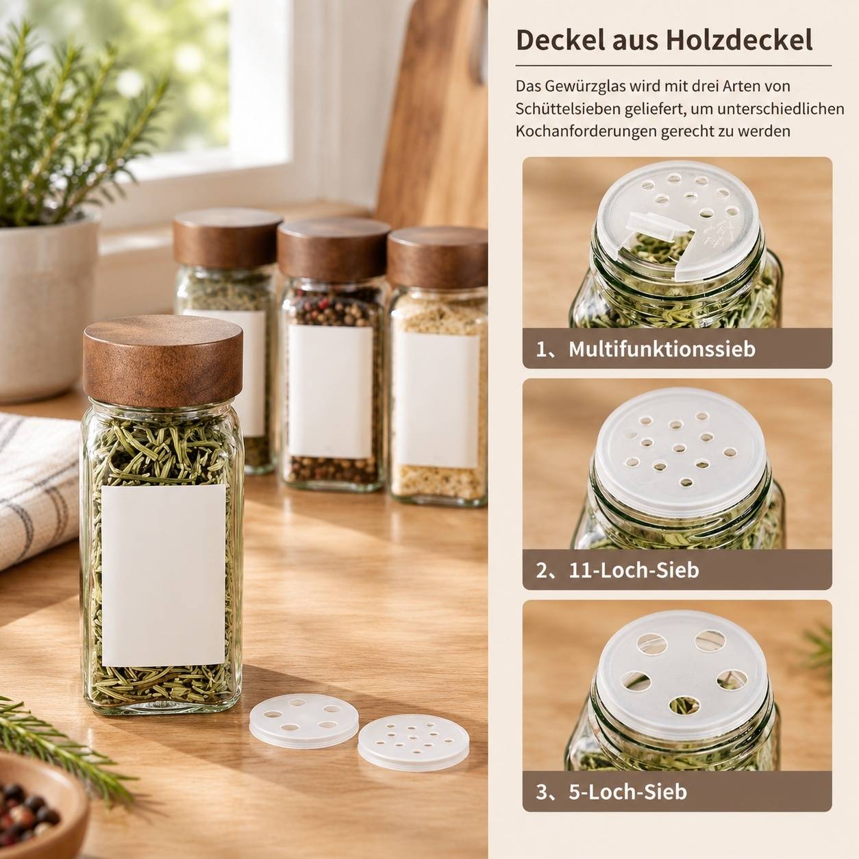 Lot de 12 Pots à Épices en Verre avec Couvercle en Bois et Accessoires - Image 4