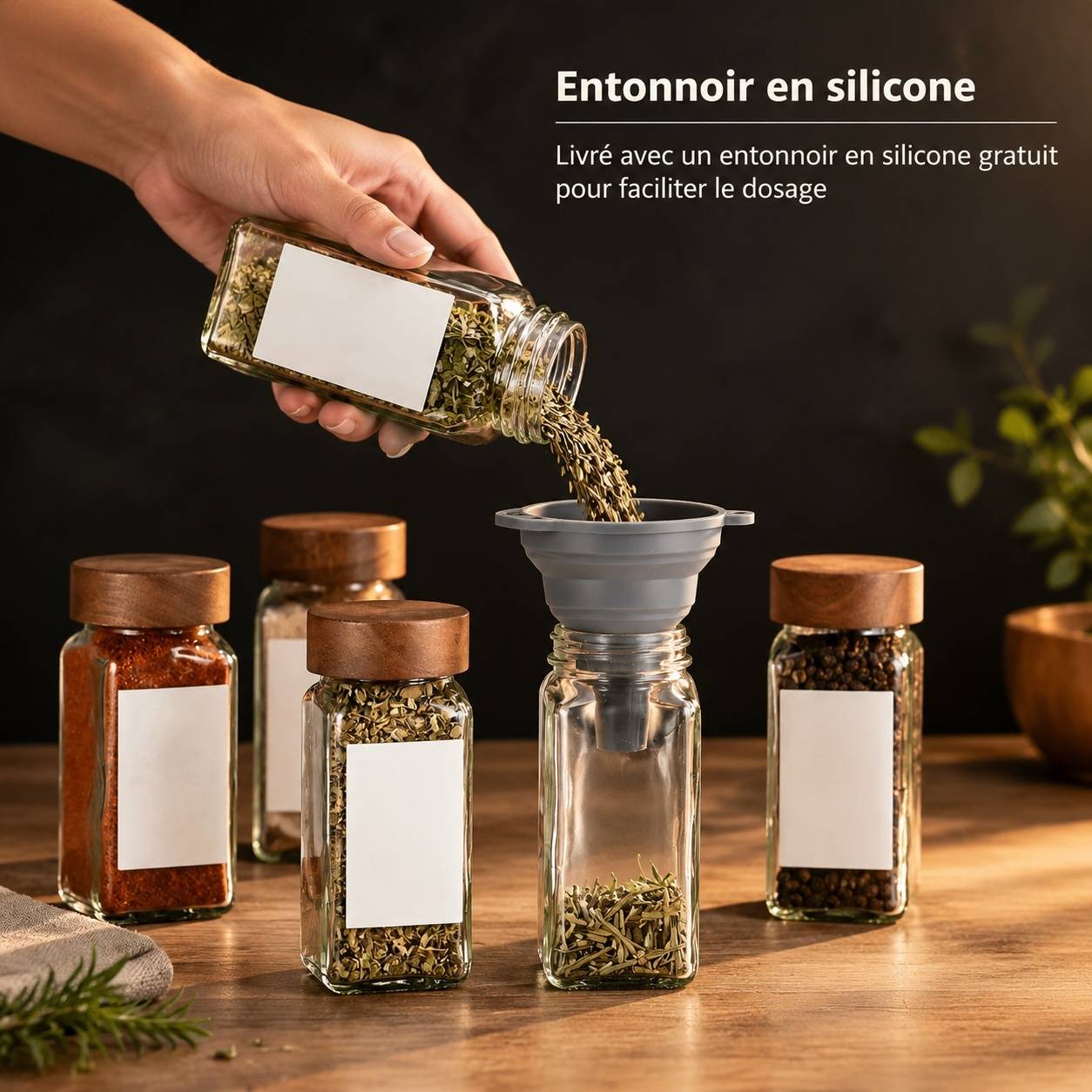 Lot de 12 Pots à Épices en Verre avec Couvercle en Bois et Accessoires - Image 5