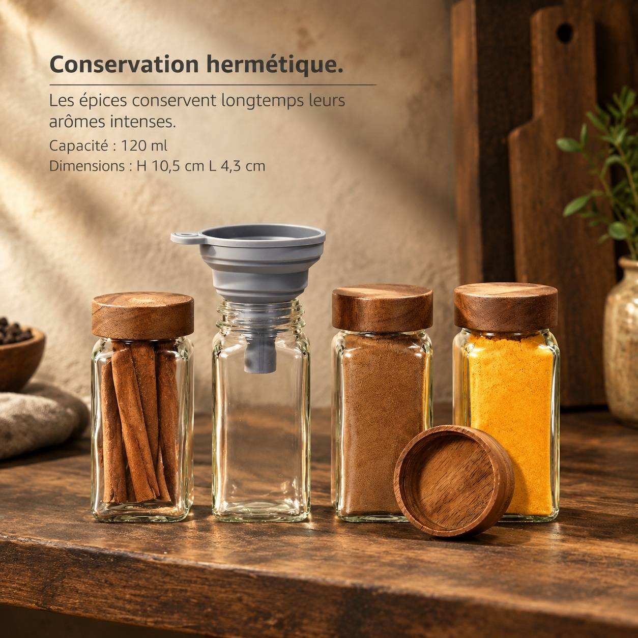 Lot de 12 Pots à Épices en Verre avec Couvercle en Bois et Accessoires - Image 3
