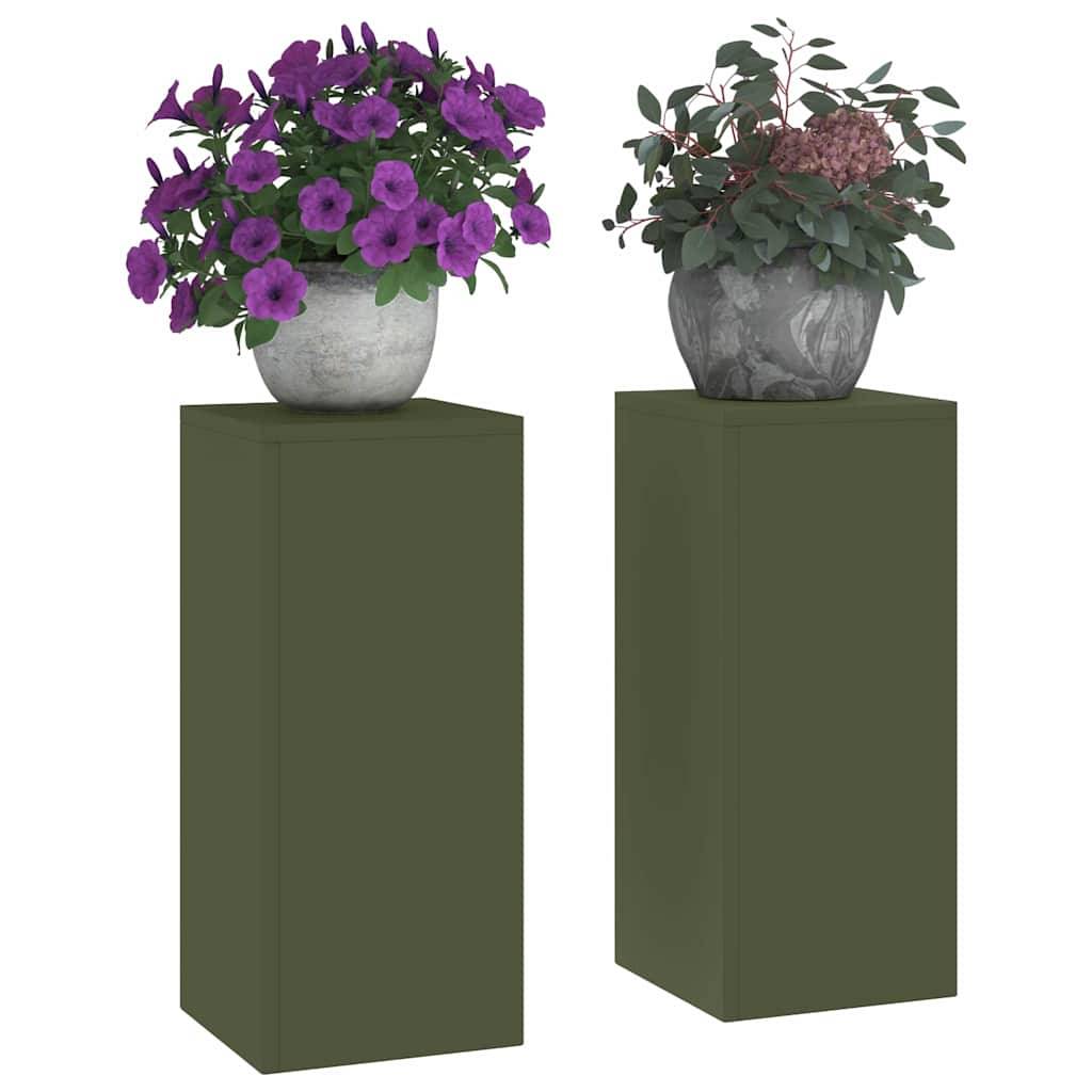 Lot de 2 Supports de pots hauts en Acier Durables et décoratifs pour Jardin et Balcon Vert Olive 24x24x55 cm – ComfortXL Outdoor Living - Image 3