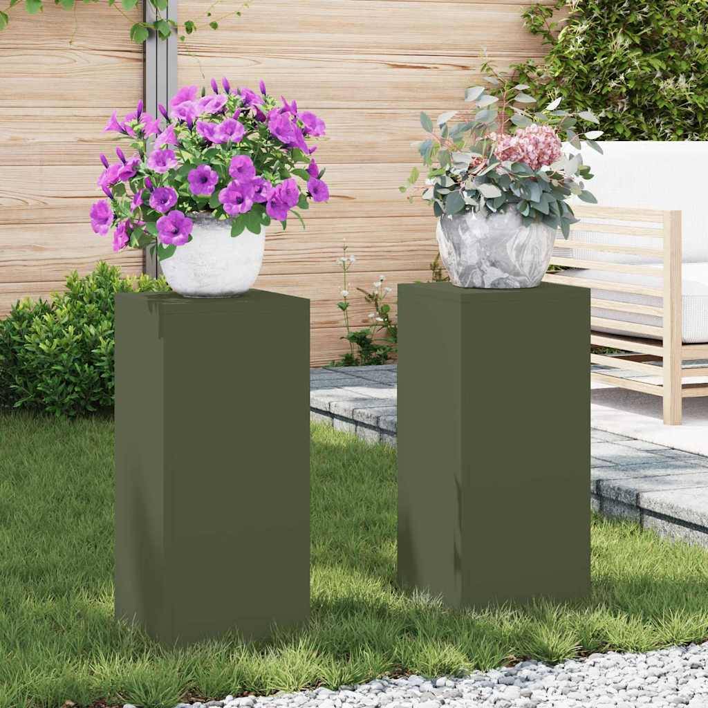 Lot de 2 Supports de pots hauts en Acier Durables et décoratifs pour Jardin et Balcon Vert Olive 24x24x55 cm – ComfortXL Outdoor Living - Image 1