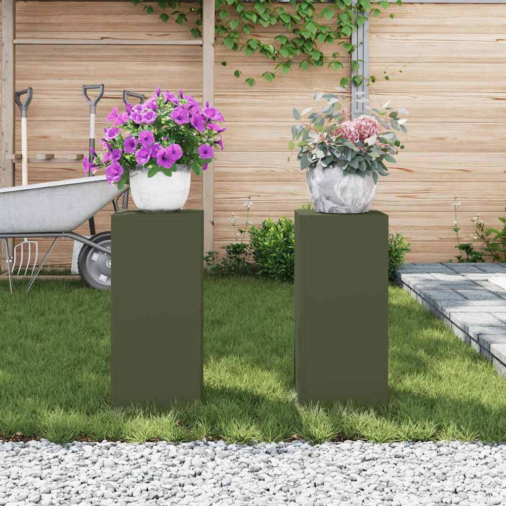 Lot de 2 Supports de pots hauts en Acier Durables et décoratifs pour Jardin et Balcon Vert Olive 24x24x55 cm – ComfortXL Outdoor Living - Image 4