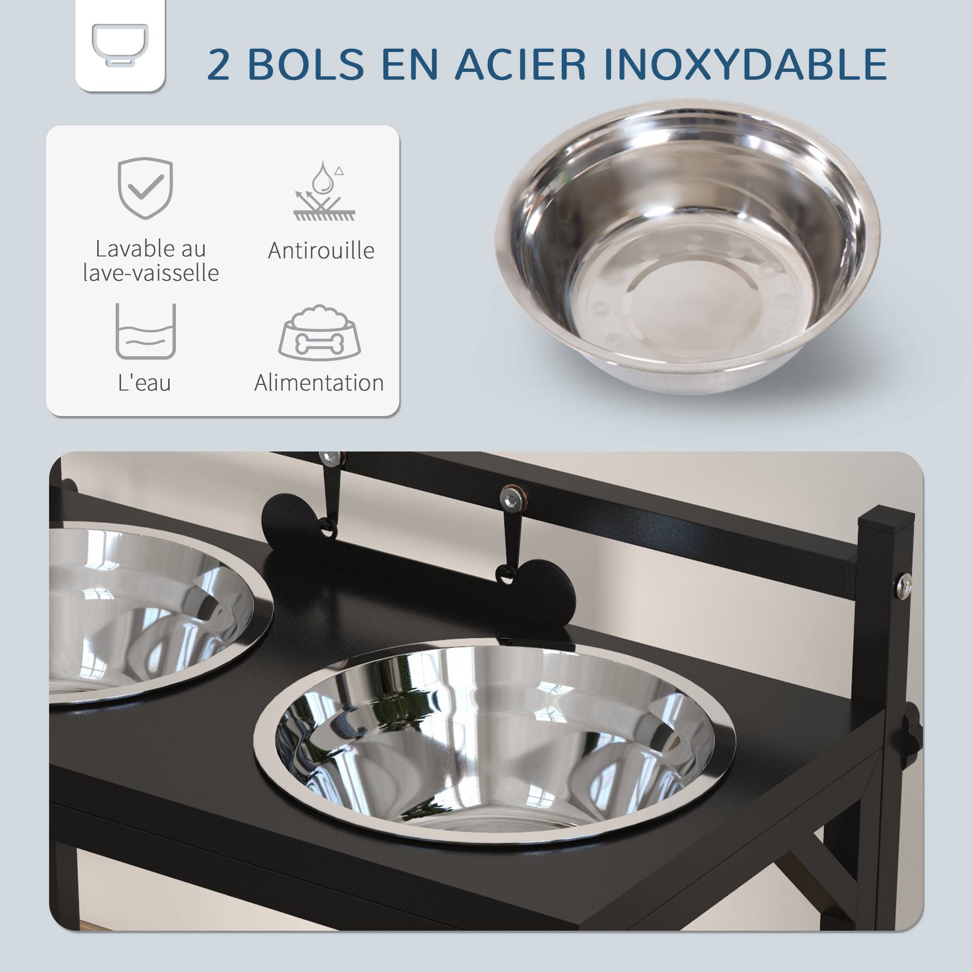 Gamelles surrélevées chien avec support réglable en hauteur de 11 à 33 cm 2 bols en acier inoxydables amovibles noir - Image 8