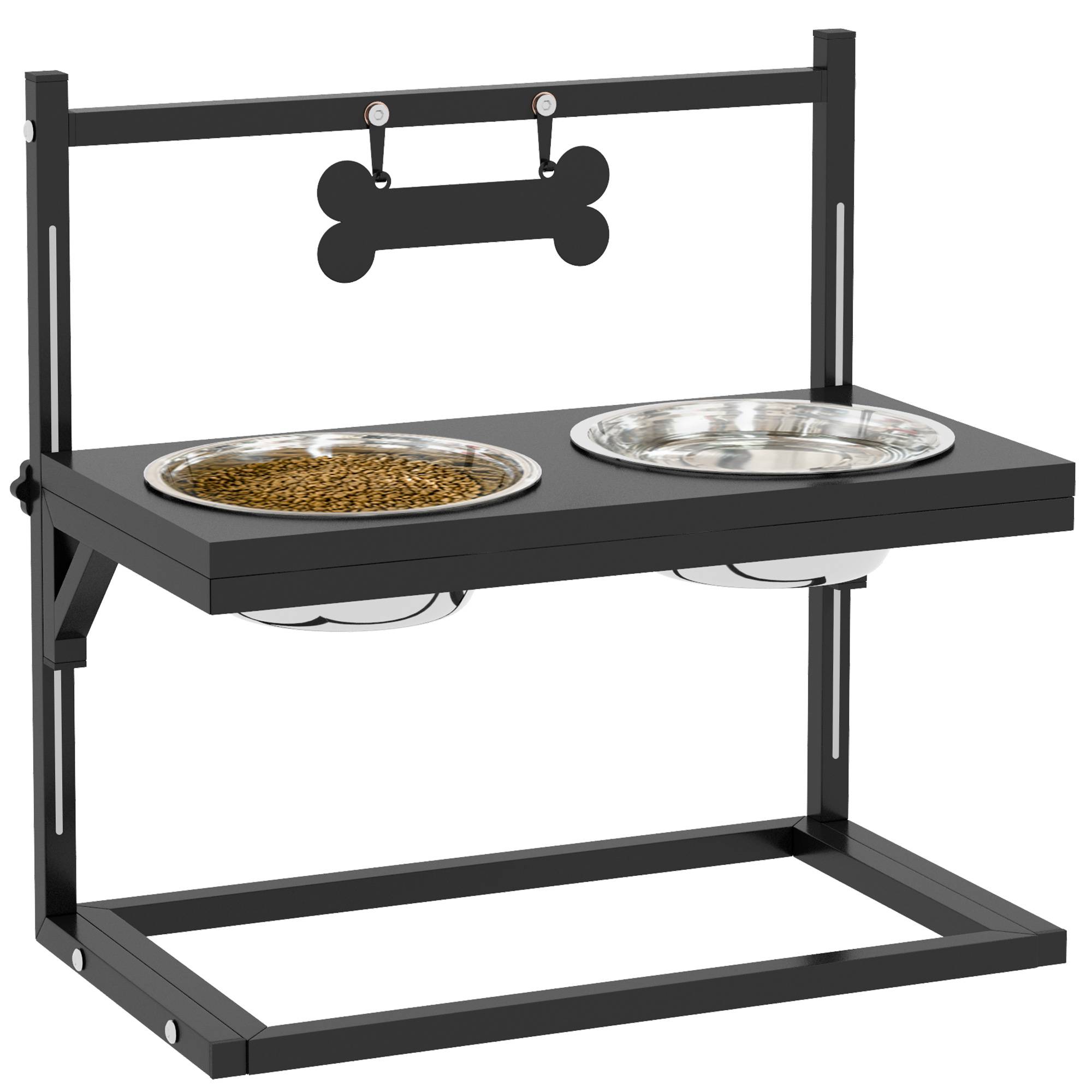 Gamelles surrélevées chien avec support réglable en hauteur de 11 à 33 cm 2 bols en acier inoxydables amovibles noir - Image 1