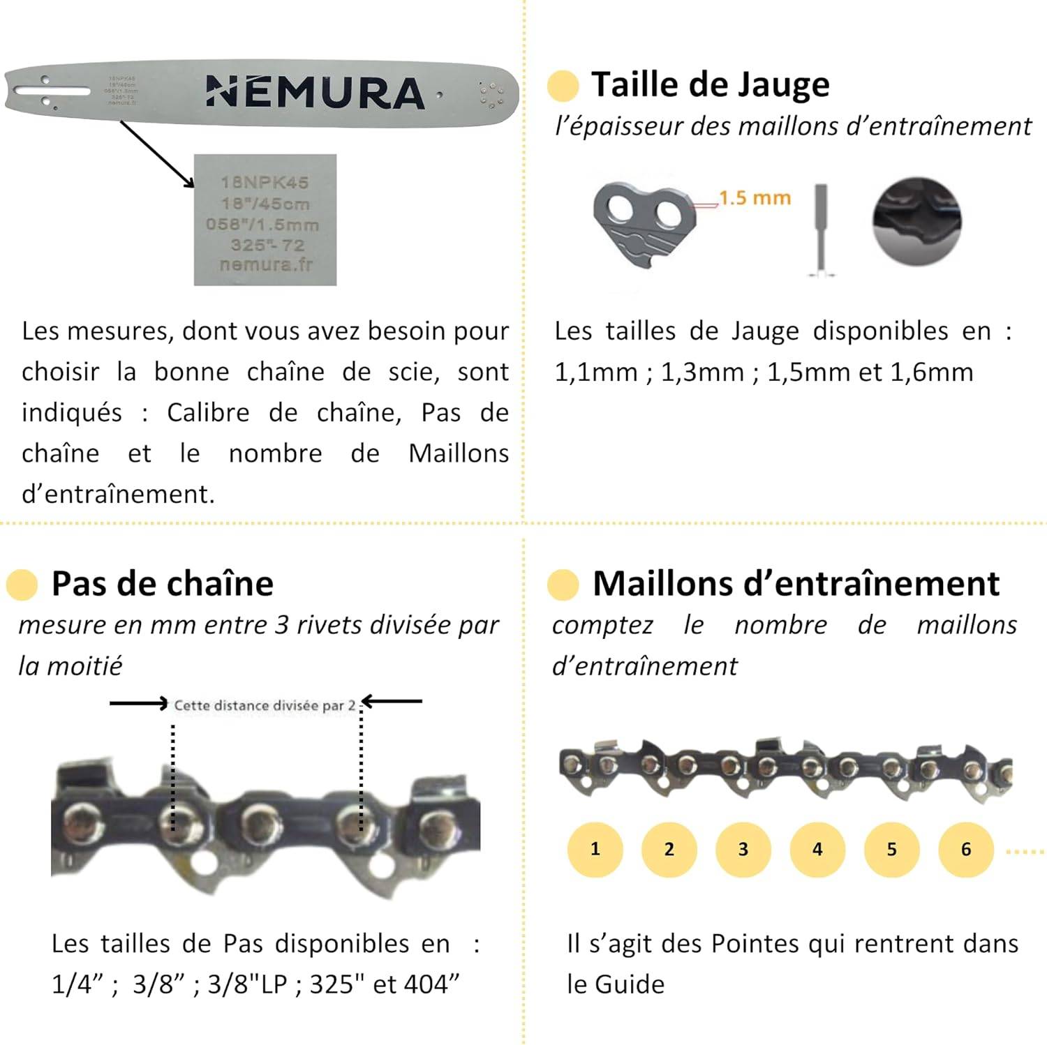 Nemura - Guide de 40cm + 3 Chaîne de tronçonneuse - 56 Entraineurs - Pas 3/8LP - Jauge 0.50 (1.3mm) - Image 4