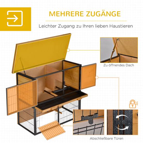 Clapier Lapin Bois Sapin Intérieur Extérieur 2 Niveaux Tiroir 90x45x81cm Jaune Clair - ComfortXL Pet Living - Image 5