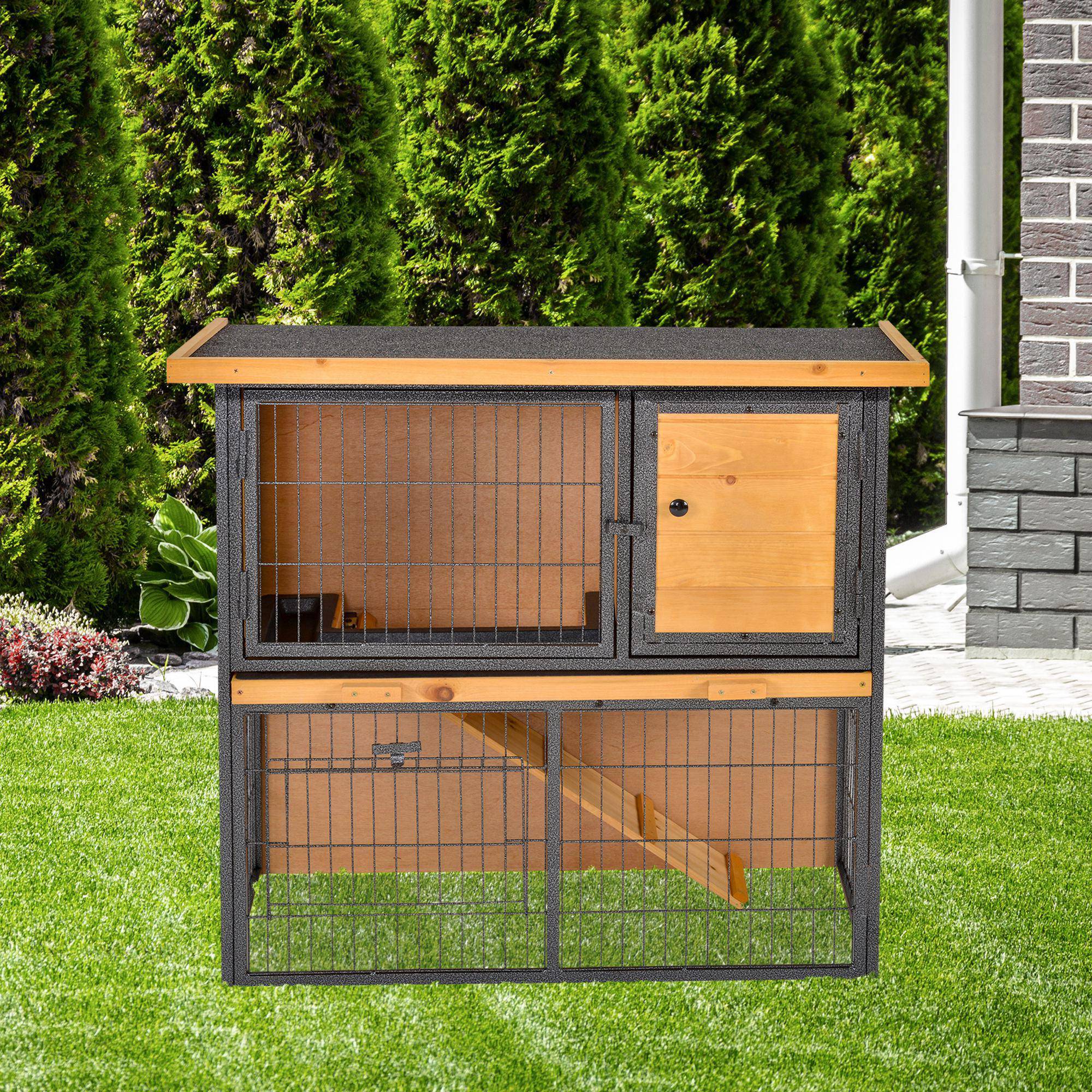 Clapier Lapin Bois Sapin Intérieur Extérieur 2 Niveaux Tiroir 90x45x81cm Jaune Clair - ComfortXL Pet Living - Image 1