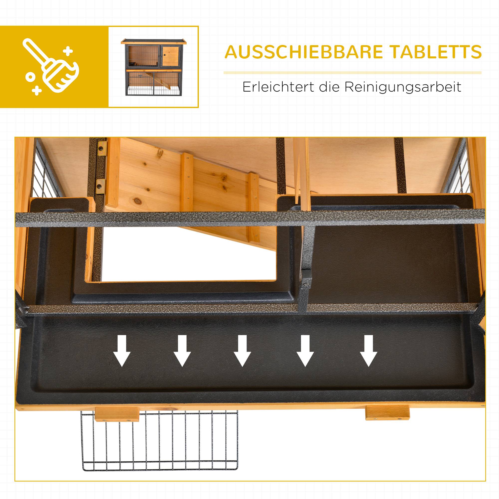 Clapier Lapin Bois Sapin Intérieur Extérieur 2 Niveaux Tiroir 90x45x81cm Jaune Clair - ComfortXL Pet Living - Image 6